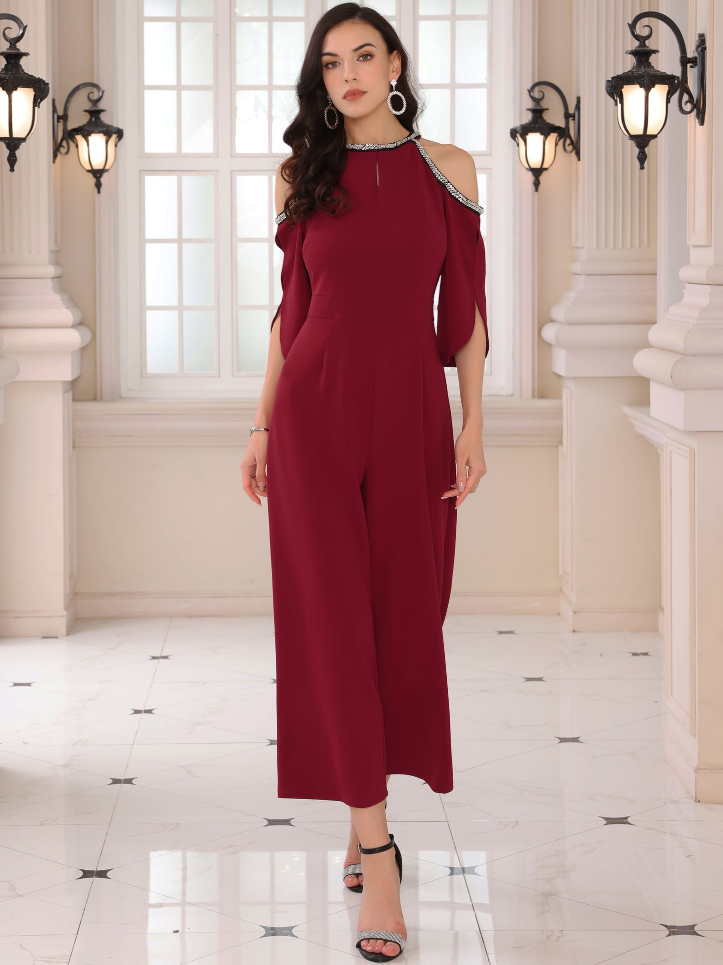 Women's Jumpsuits Sequin Cold Shoulder Split Sleeve Wide Leg Cocktail Evening Rompers