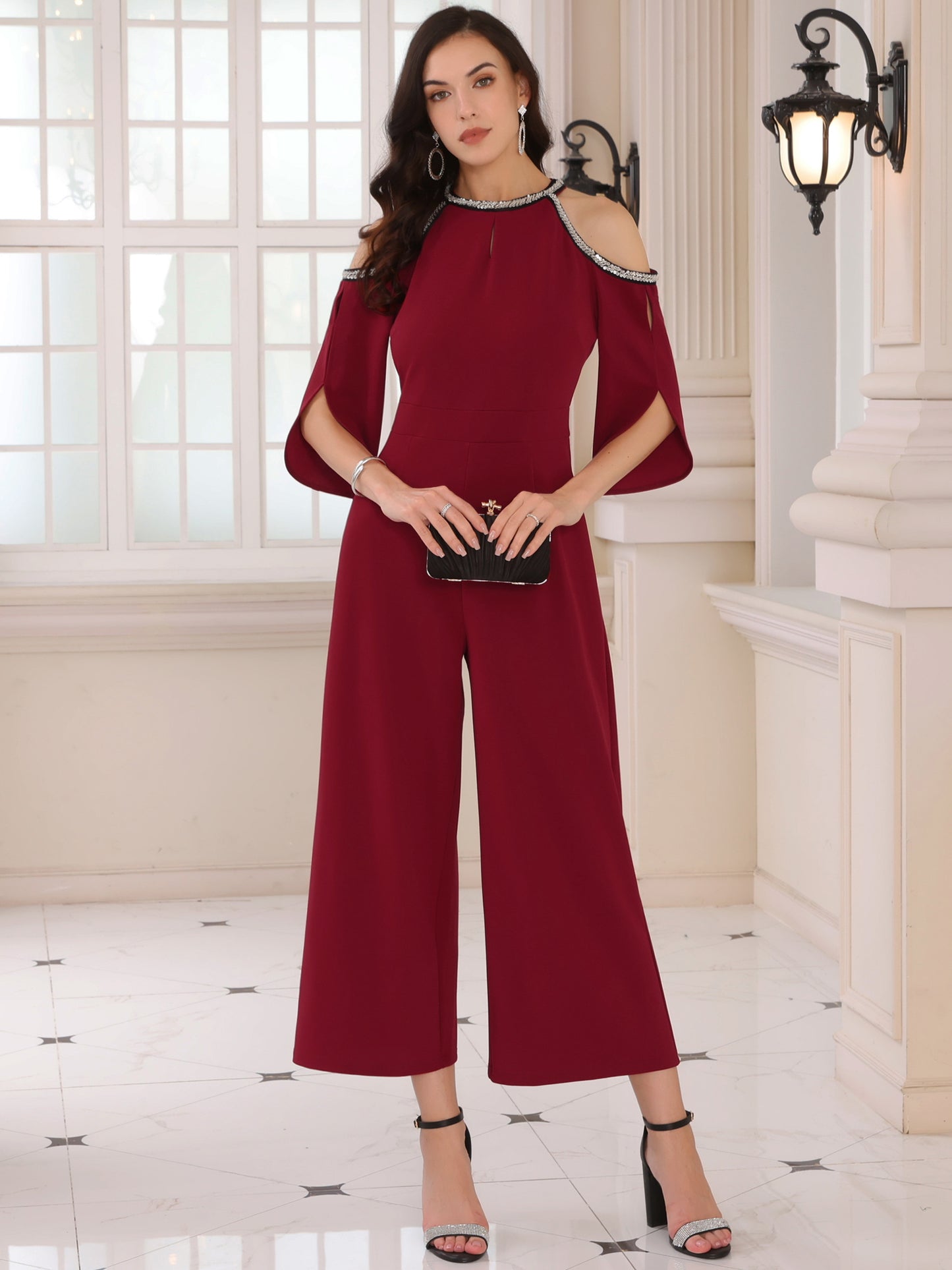 Women's Jumpsuits Sequin Cold Shoulder Split Sleeve Wide Leg Cocktail Evening Rompers