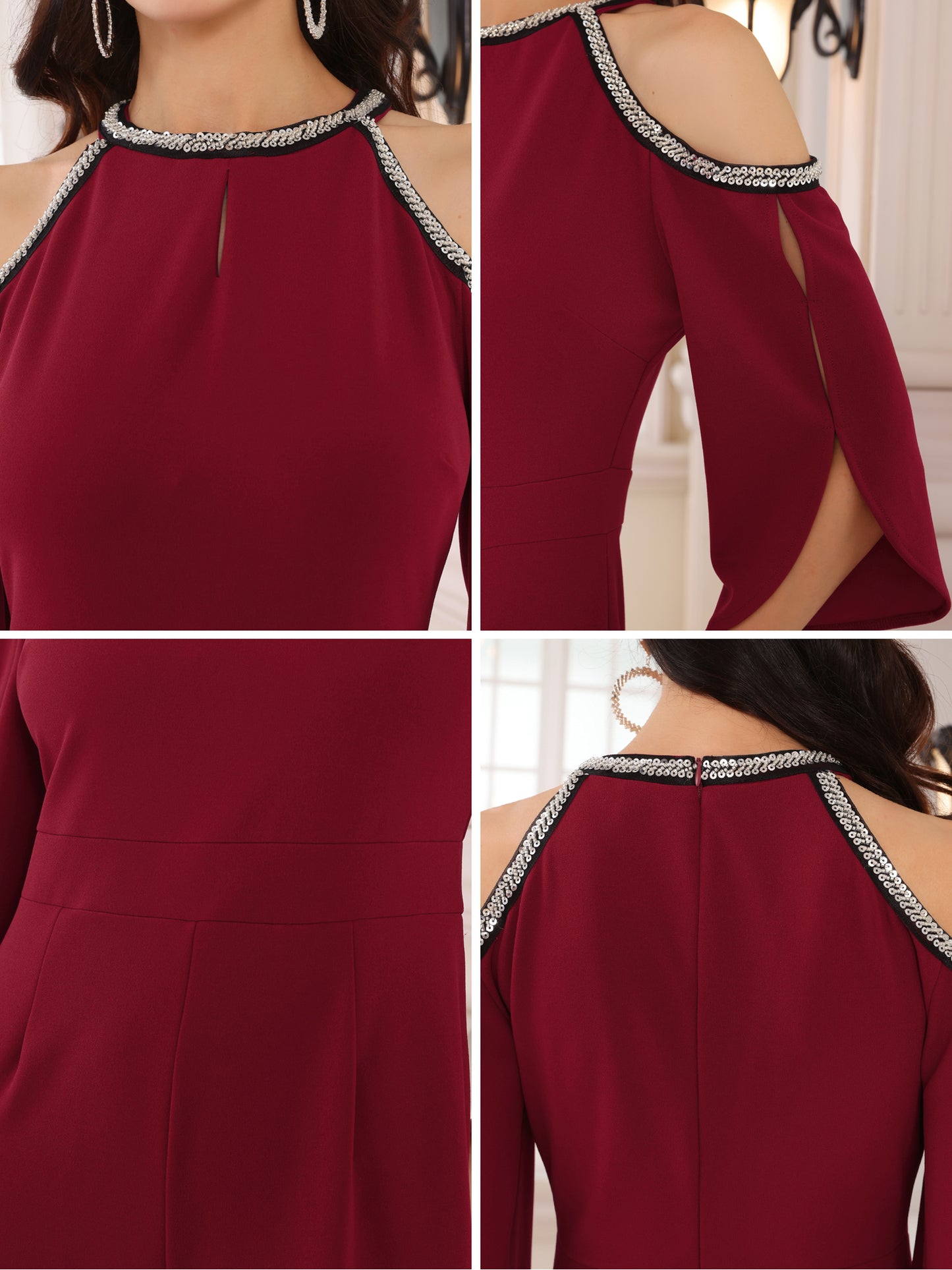 Women's Jumpsuits Sequin Cold Shoulder Split Sleeve Wide Leg Cocktail Evening Rompers