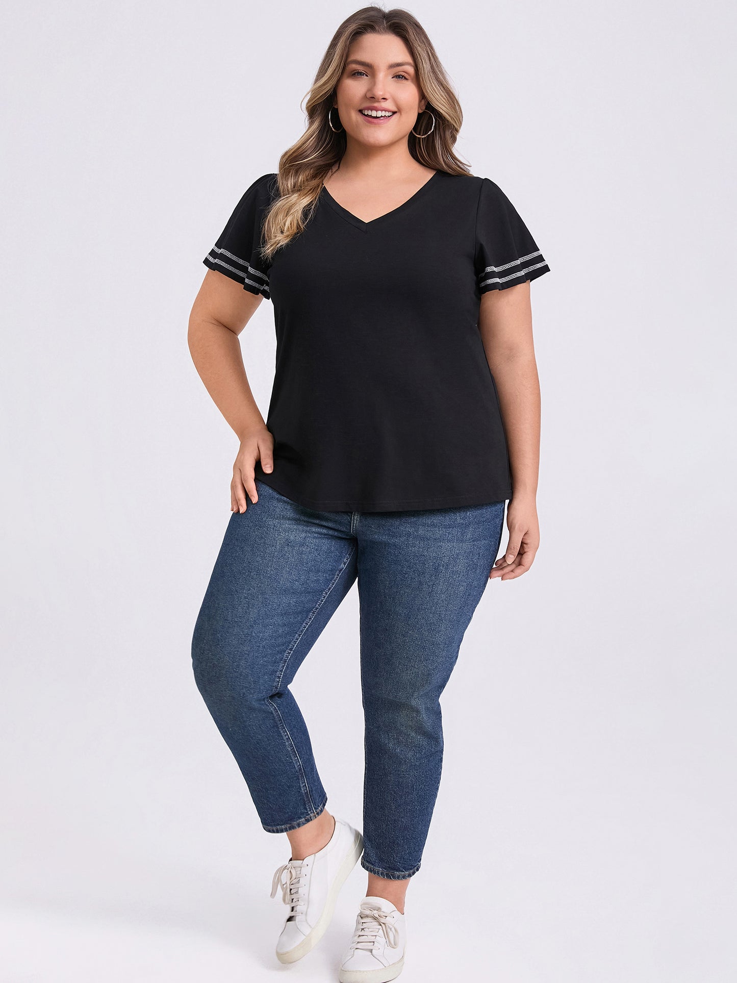 Women Plus Size V Neck Striped Contrasting Colors Top Ruffle Short Sleeves Tee Blouse