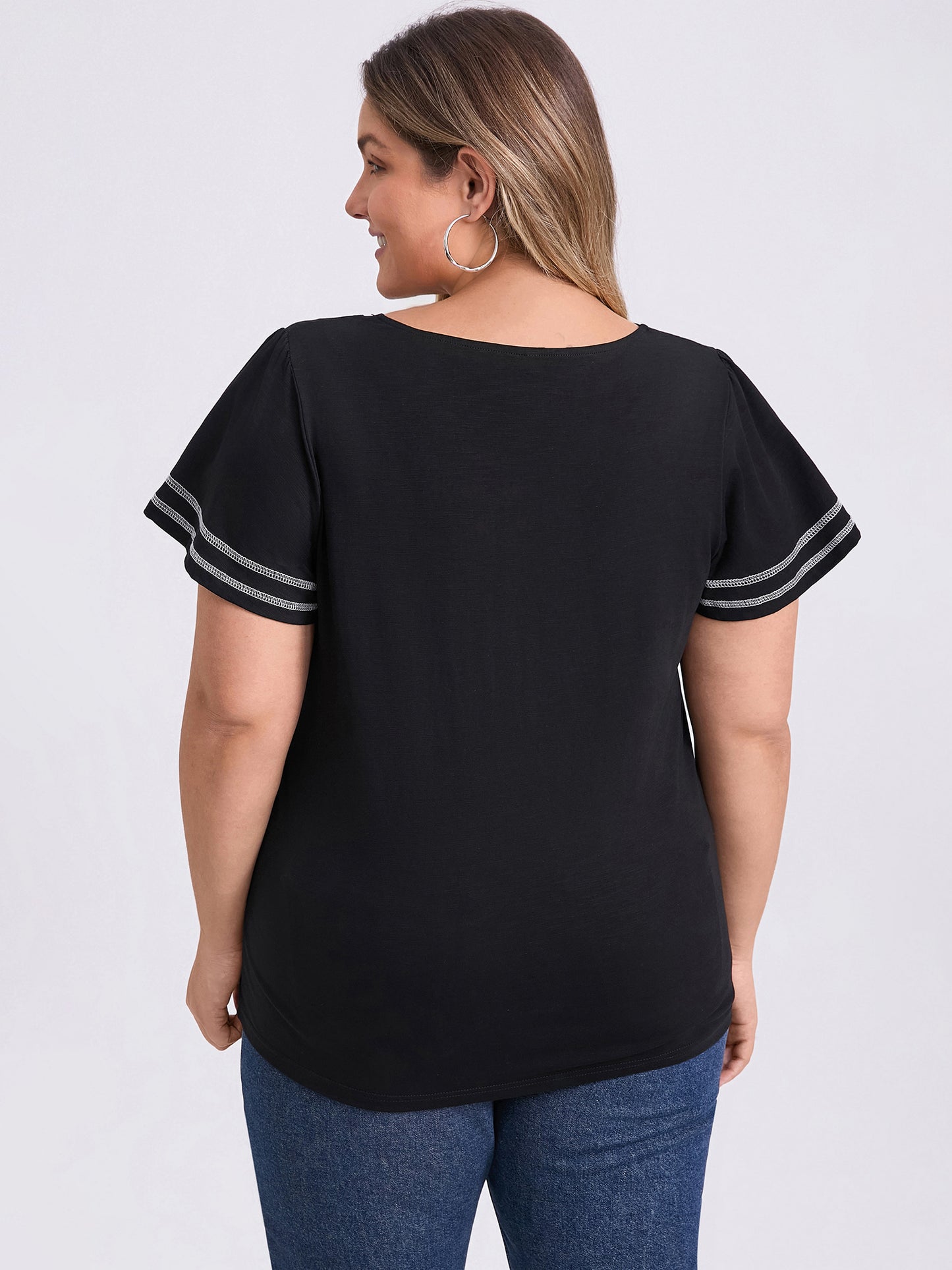 Women Plus Size V Neck Striped Contrasting Colors Top Ruffle Short Sleeves Tee Blouse