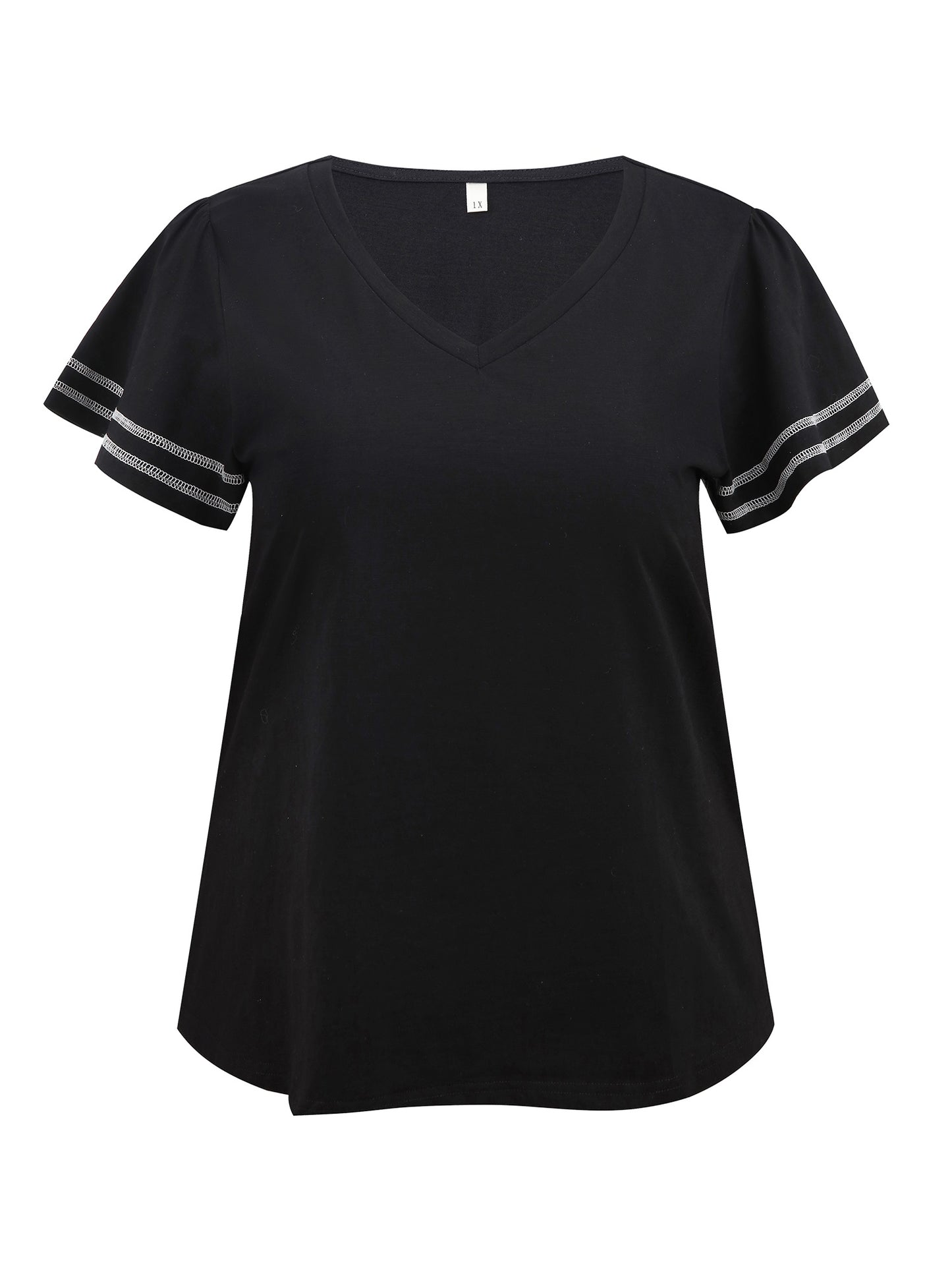 Women Plus Size V Neck Striped Contrasting Colors Top Ruffle Short Sleeves Tee Blouse