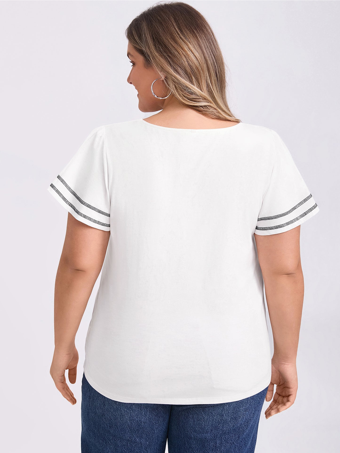 Women Plus Size V Neck Striped Contrasting Colors Top Ruffle Short Sleeves Tee Blouse
