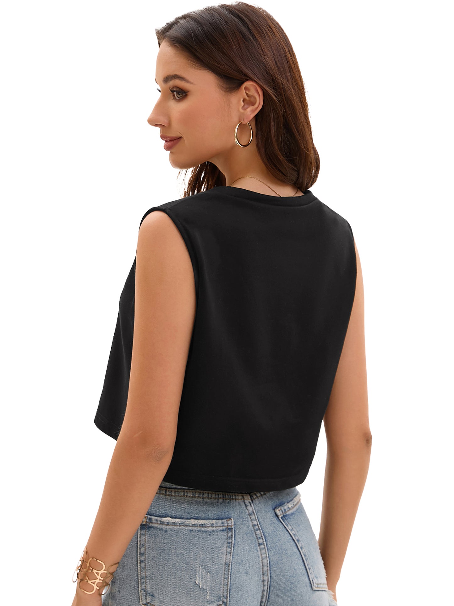 Women Crewneck Sleeveless Tank Loose Fit Casual Crop Tee Top