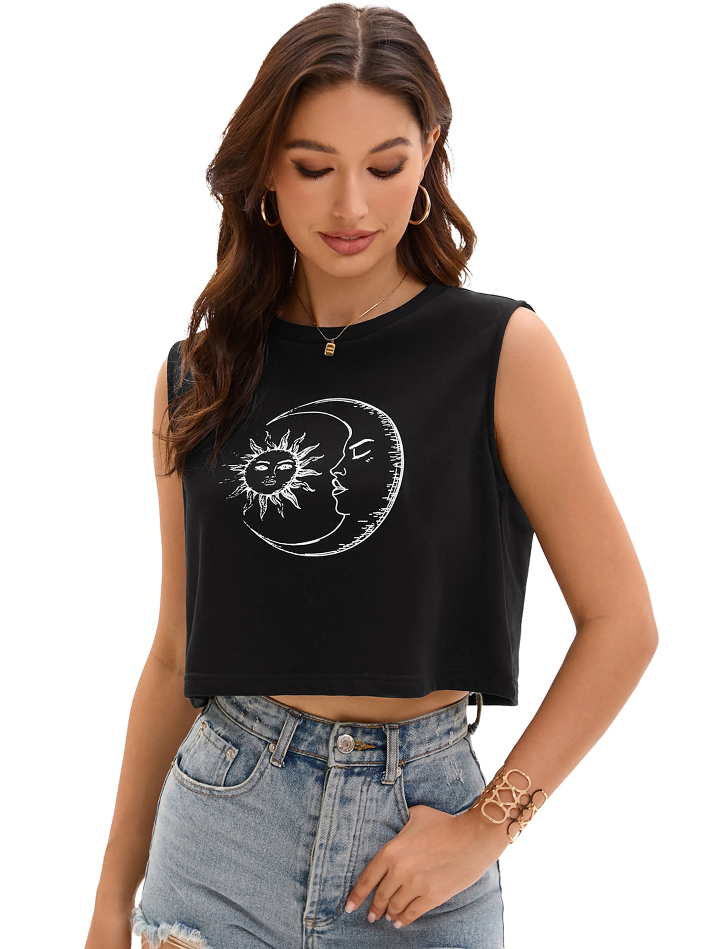 Women Crewneck Sleeveless Tank Loose Fit Casual Crop Tee Top