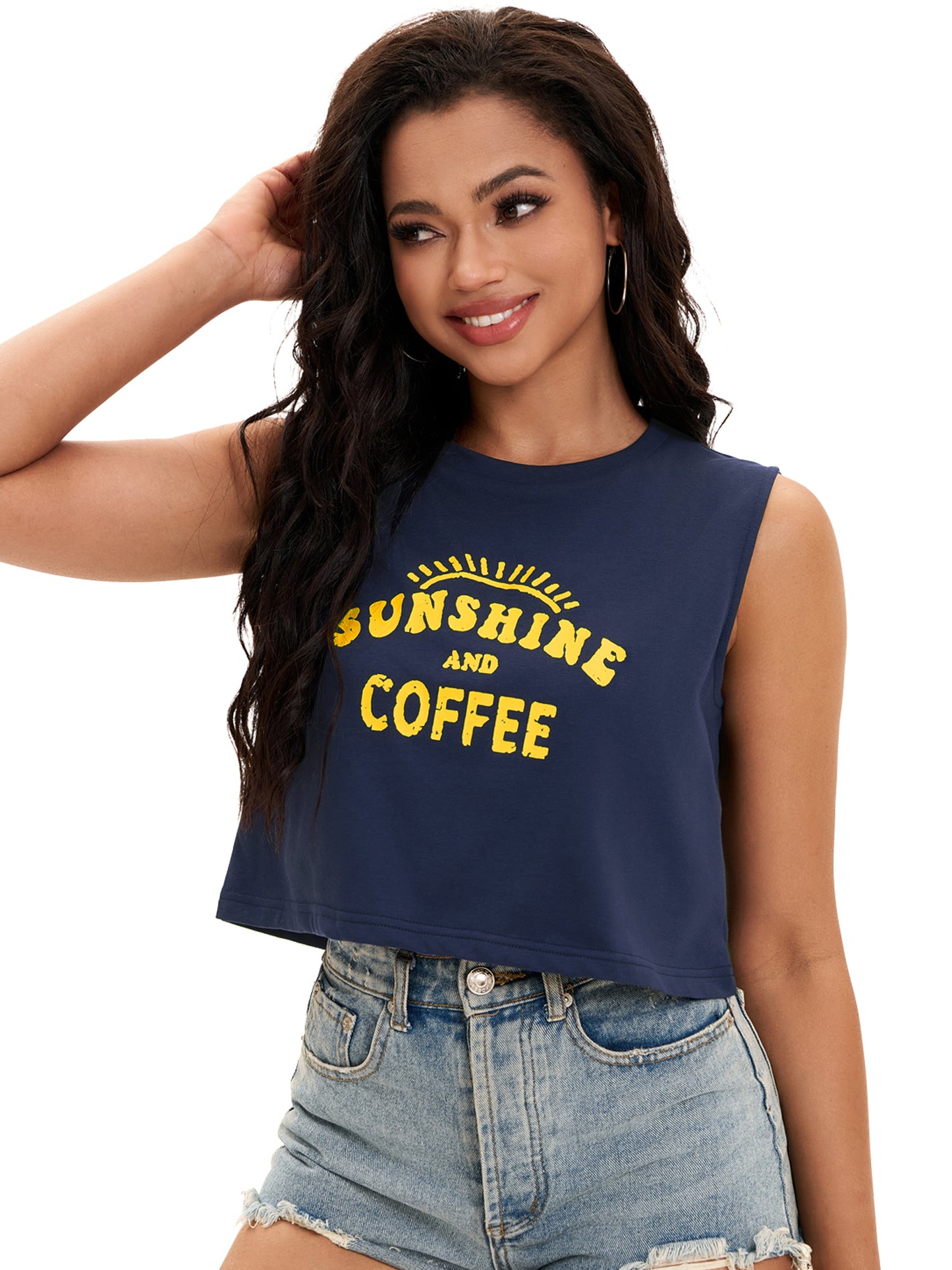 Women Crewneck Sleeveless Tank Loose Fit Casual Crop Tee Top