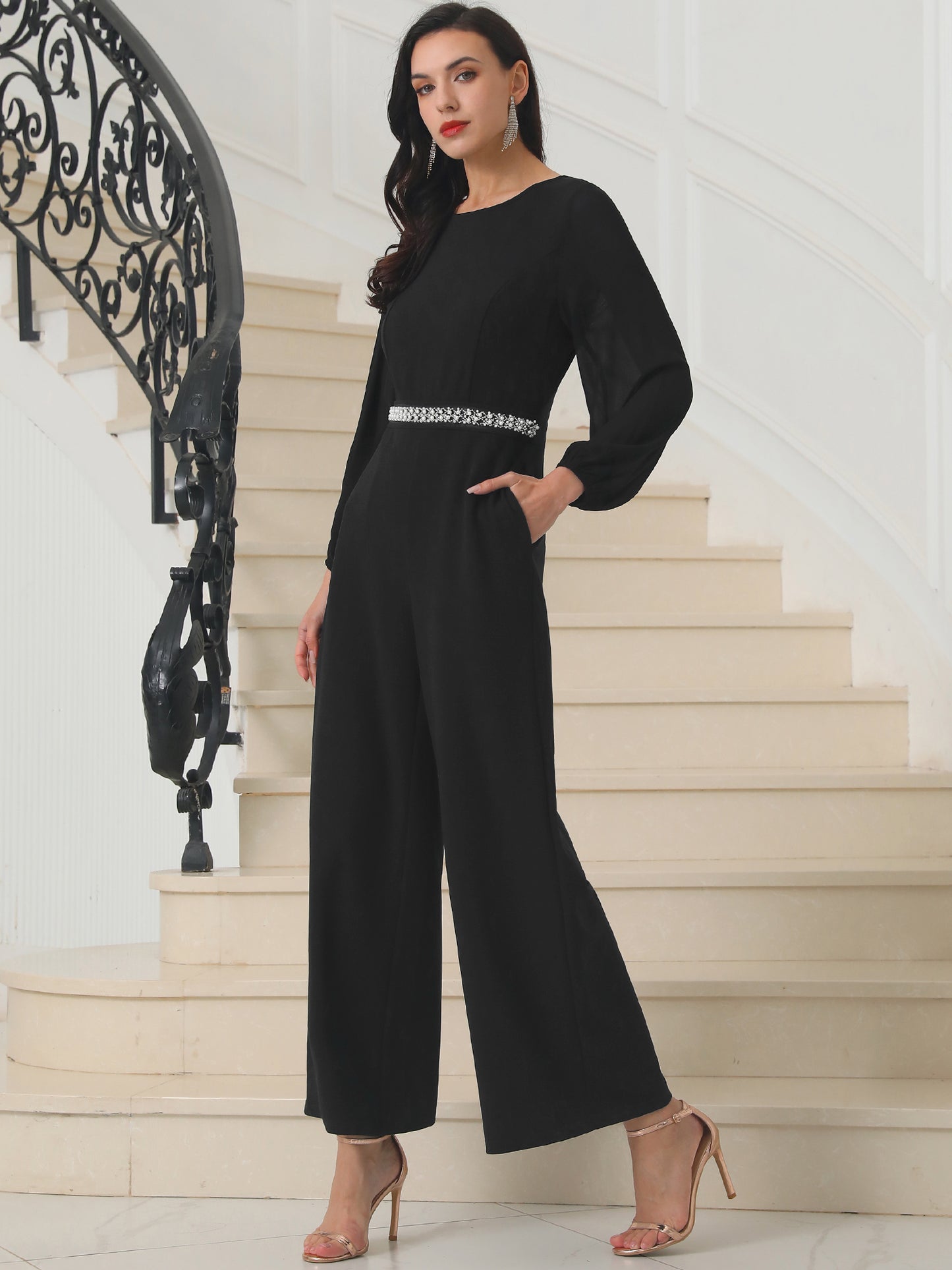 Women's Cocktail Jumpsuits Long Sleeve Beaded High Waist Wide Leg Pants Formal Dressy Rompers