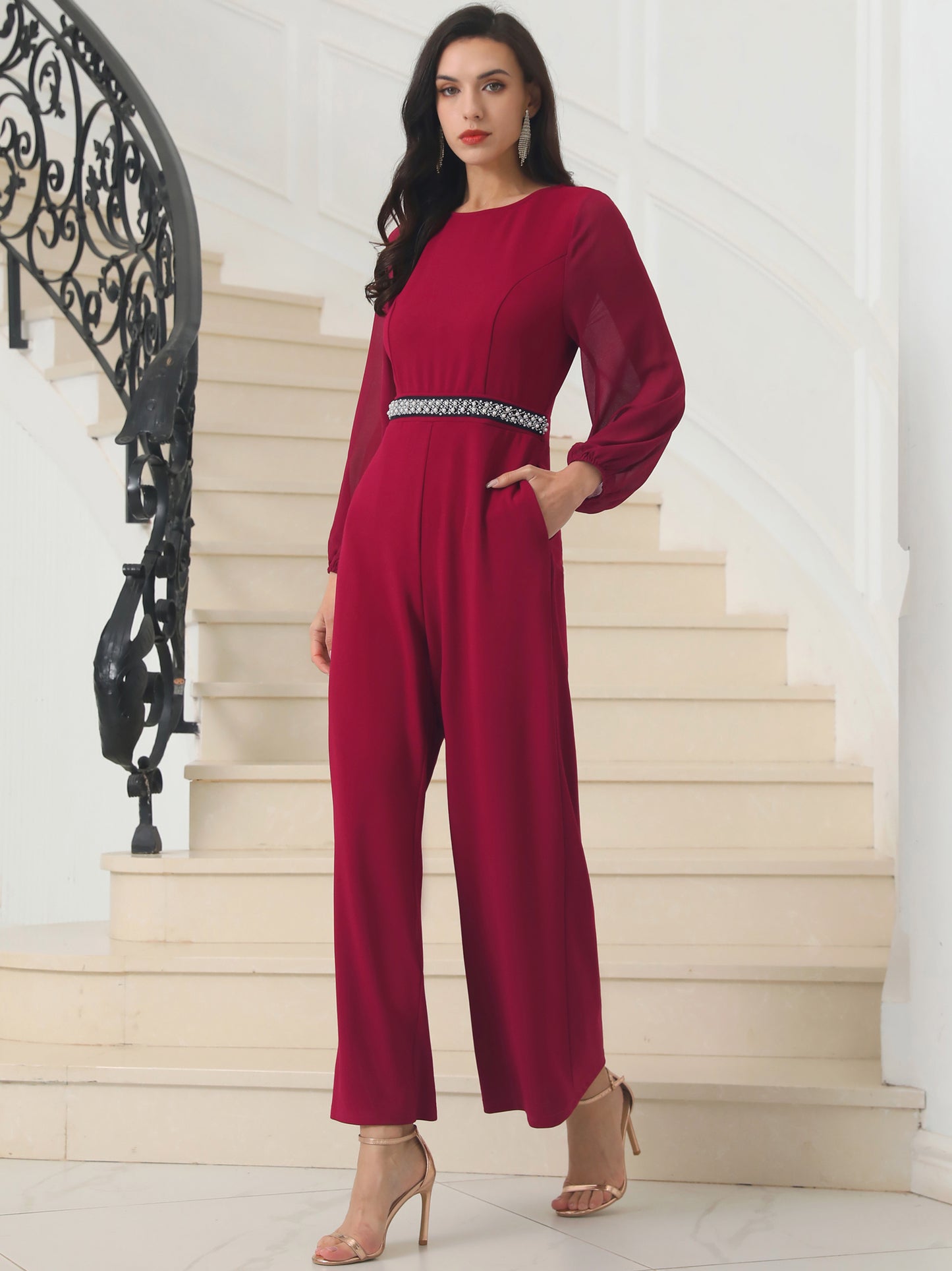 Women's Cocktail Jumpsuits Long Sleeve Beaded High Waist Wide Leg Pants Formal Dressy Rompers