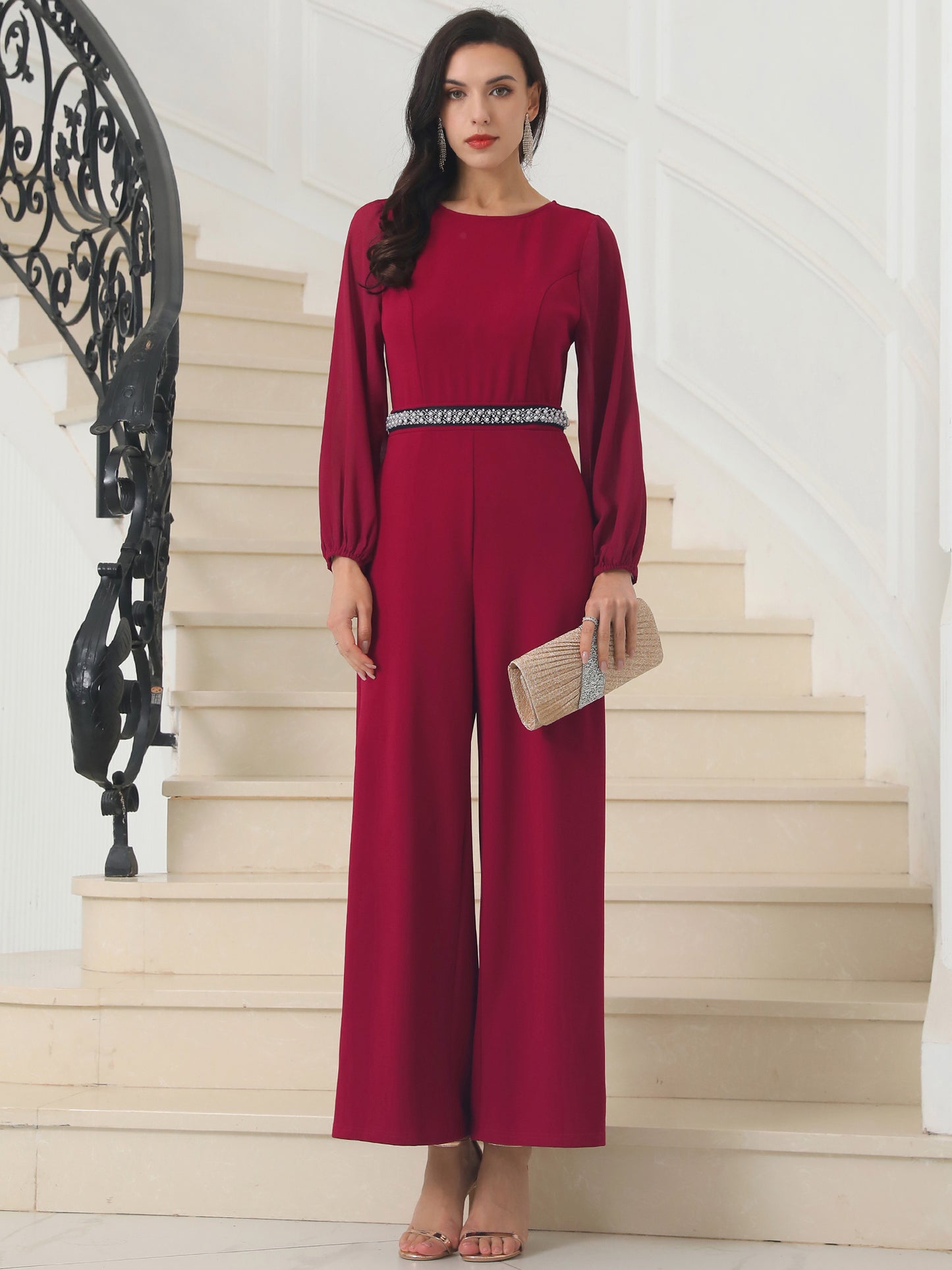 Women's Cocktail Jumpsuits Long Sleeve Beaded High Waist Wide Leg Pants Formal Dressy Rompers