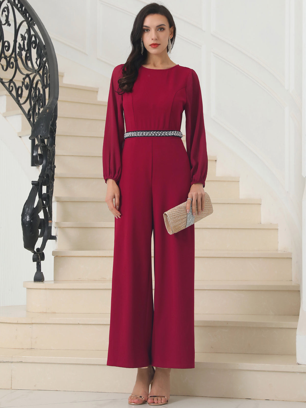 Women's Cocktail Jumpsuits Long Sleeve Beaded High Waist Wide Leg Pants Formal Dressy Rompers