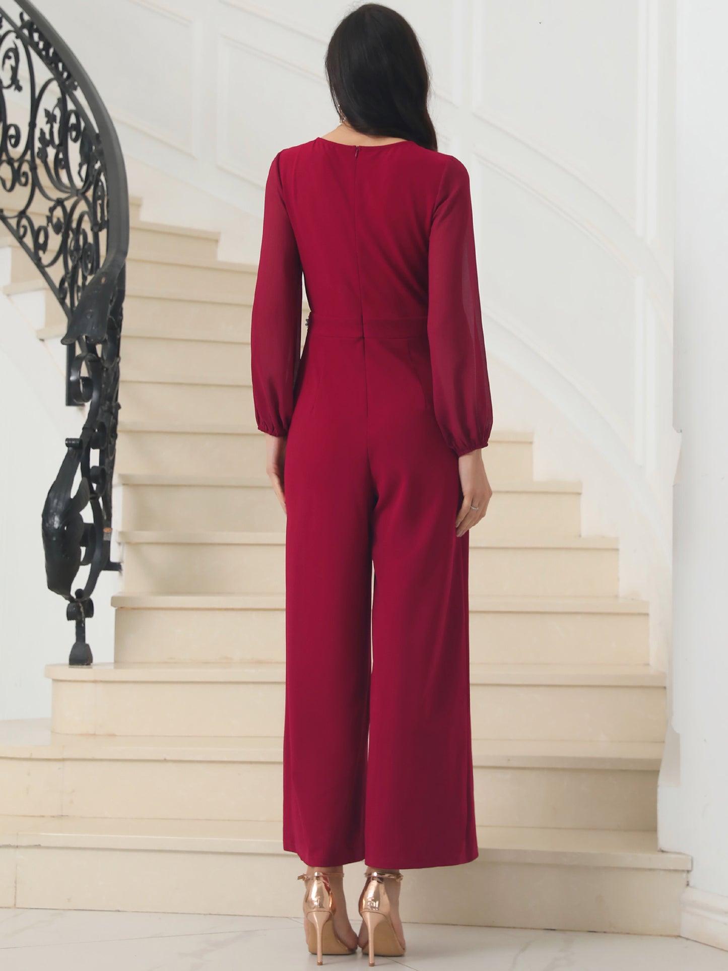 Women's Cocktail Jumpsuits Long Sleeve Beaded High Waist Wide Leg Pants Formal Dressy Rompers