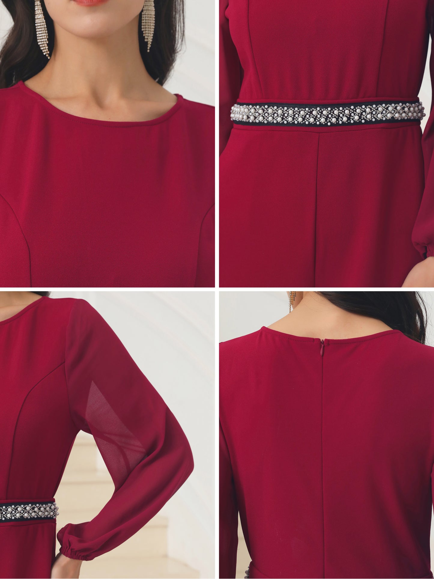 Women's Cocktail Jumpsuits Long Sleeve Beaded High Waist Wide Leg Pants Formal Dressy Rompers