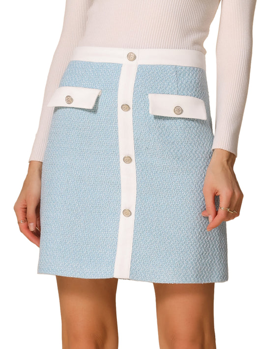 Minifalda de oficina elegante y ajustada con cintura alta y botones decorados de tweed para mujer