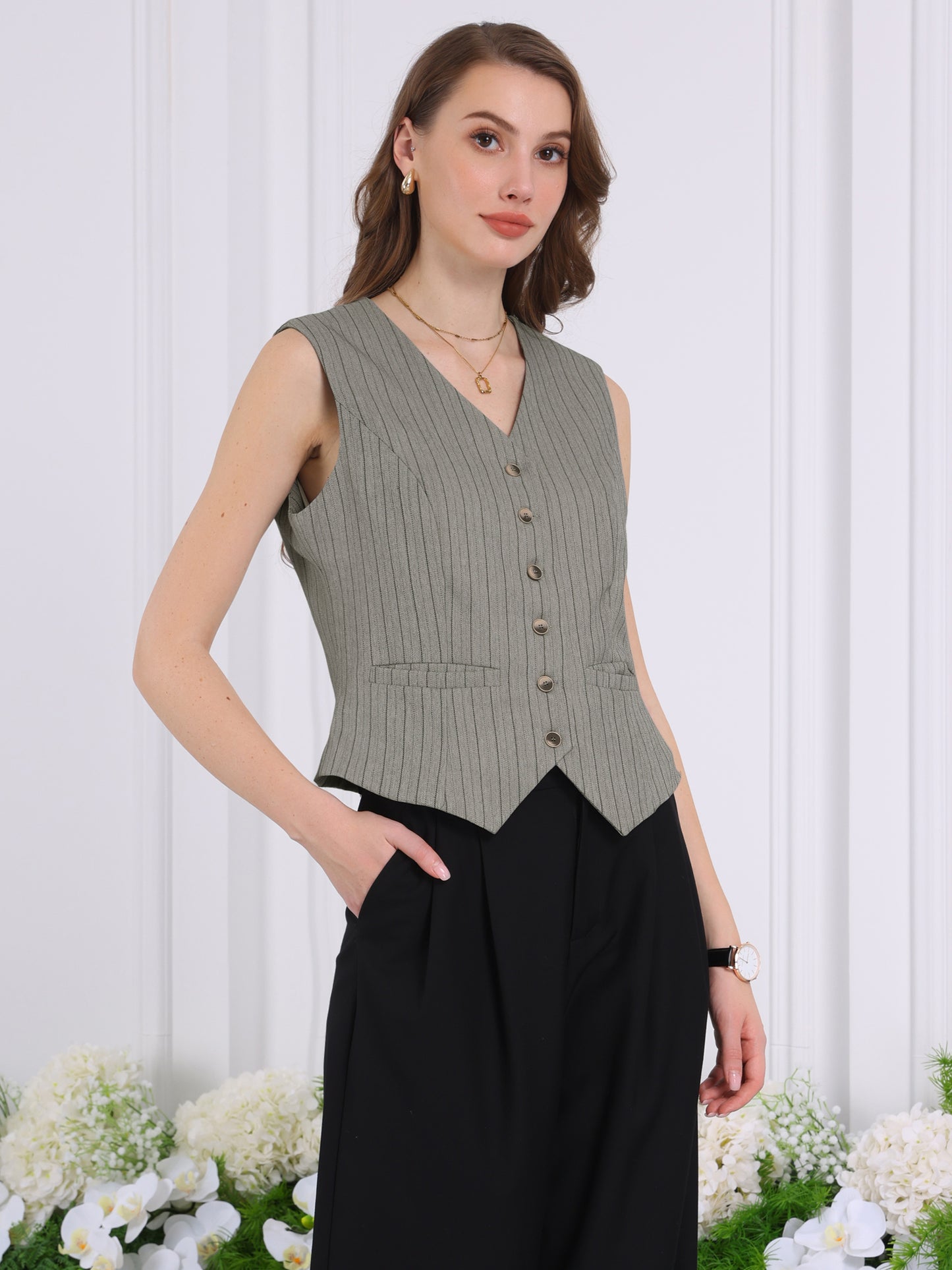 Women's Pinstripe Waistcoat Button Down Vintage Striped Vest