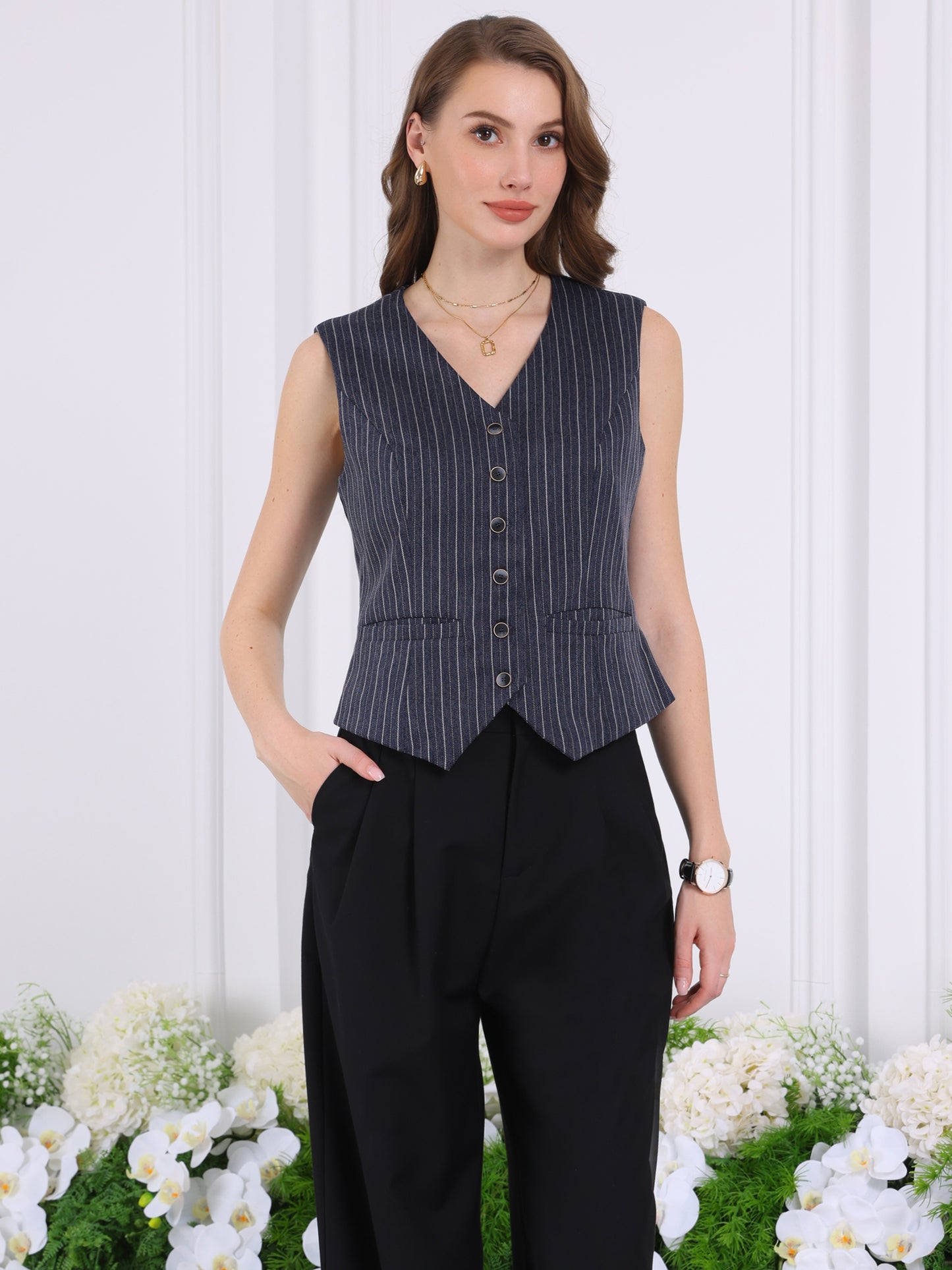 Women's Pinstripe Waistcoat Button Down Vintage Striped Vest
