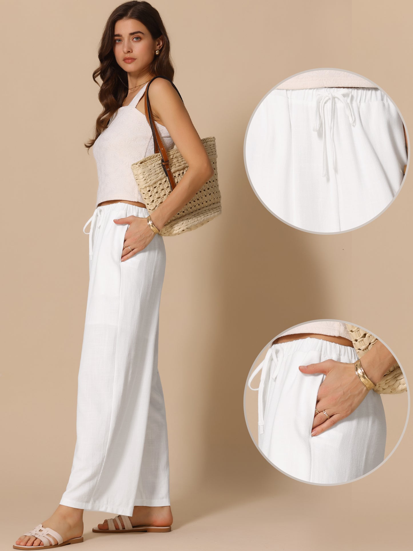 Women's Linen Pants Summer High Waist Drawstring Lightweight Long Palazzo Gauze Pants