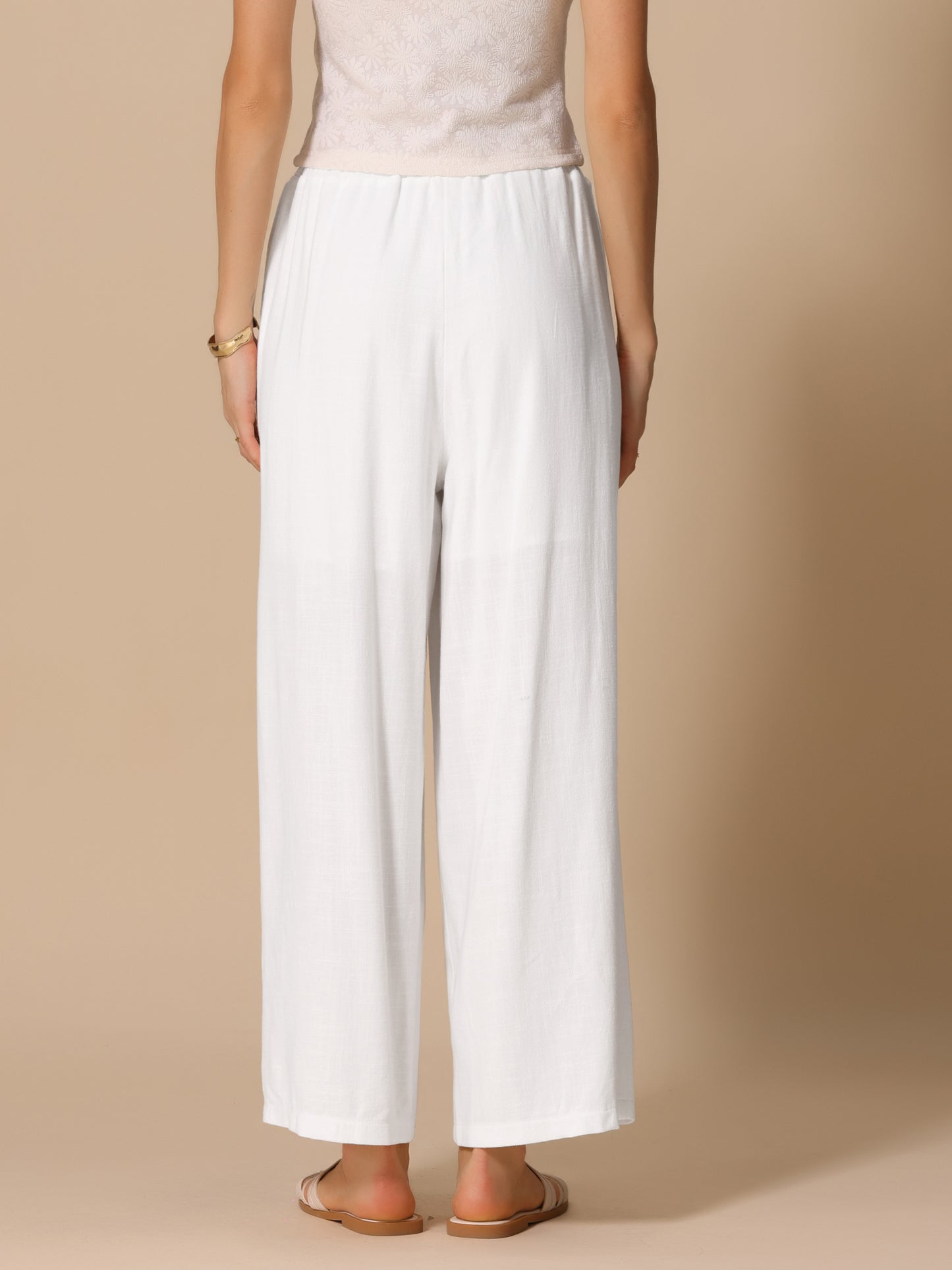 Women's Linen Pants Summer High Waist Drawstring Lightweight Long Palazzo Gauze Pants