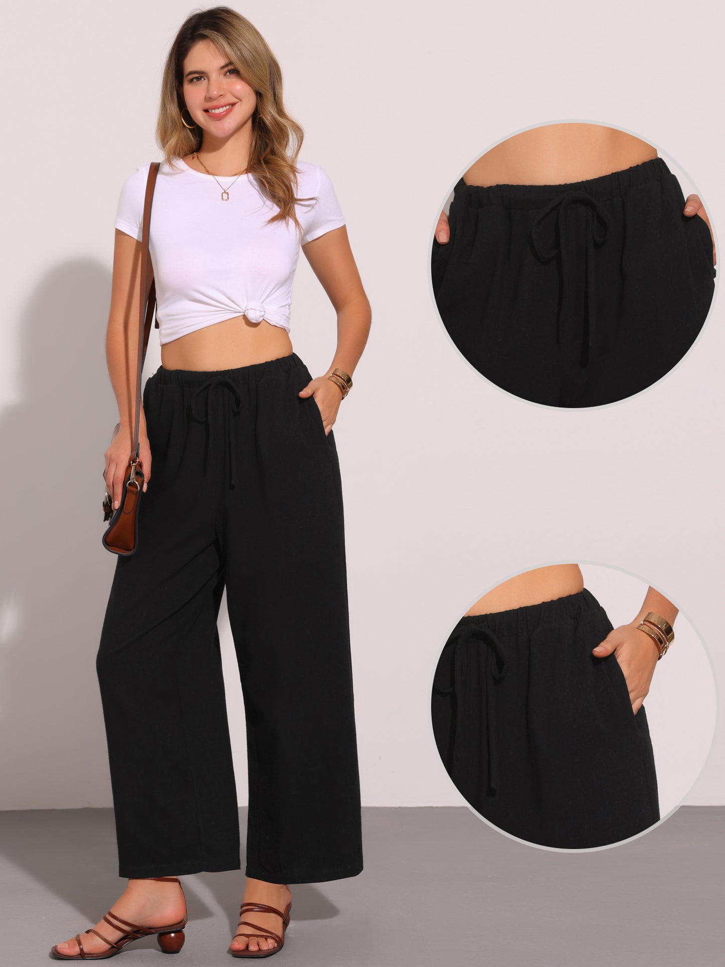 Women's Linen Pants Summer High Waist Drawstring Lightweight Long Palazzo Gauze Pants