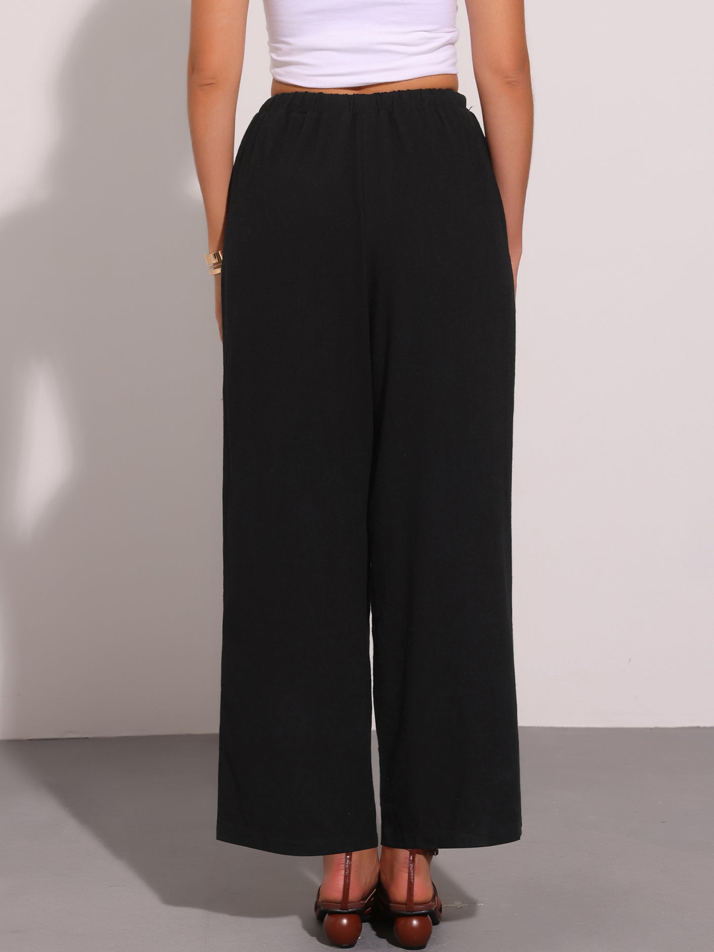 Women's Linen Pants Summer High Waist Drawstring Lightweight Long Palazzo Gauze Pants