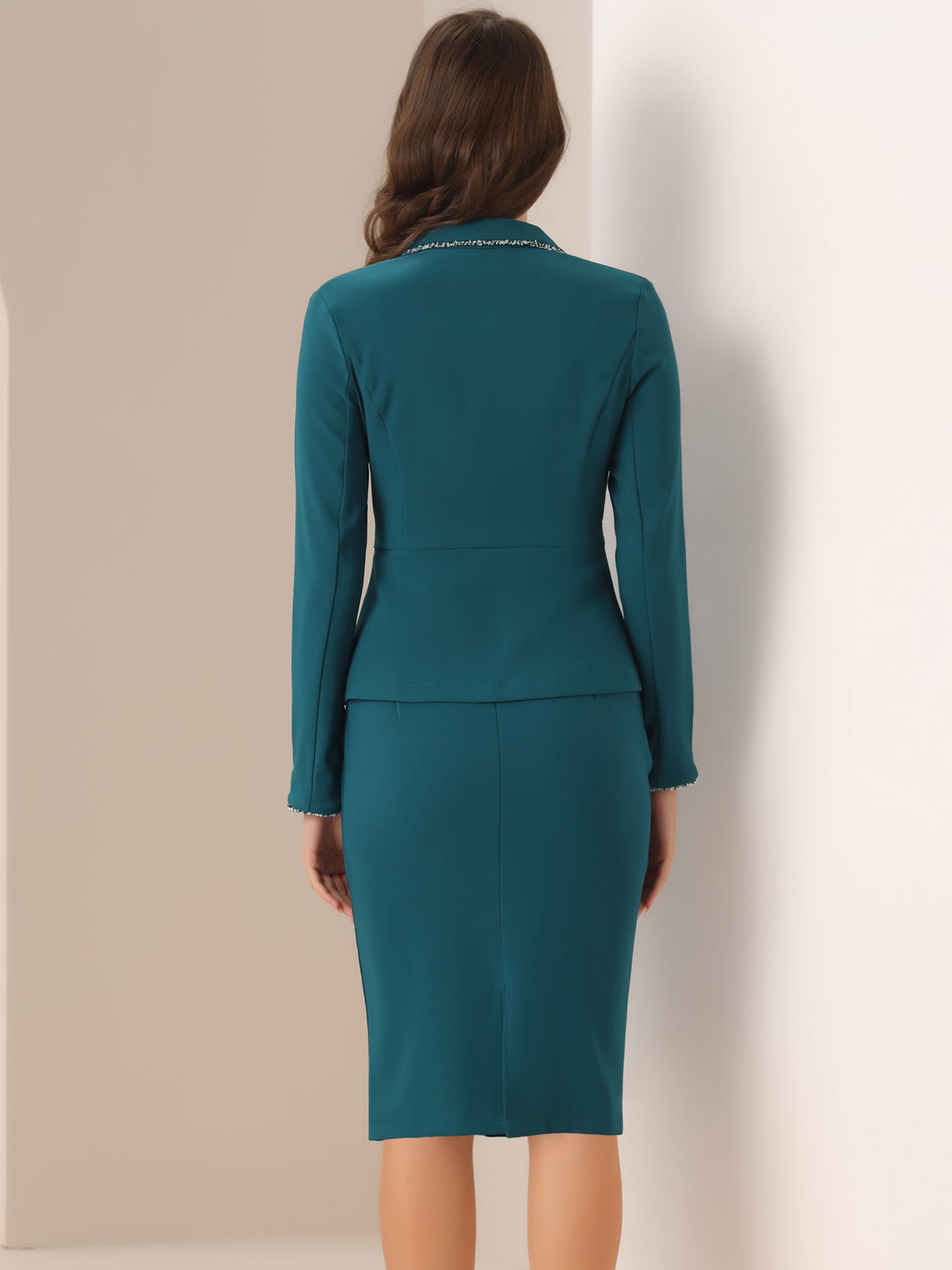 Women's 2 Piece Suit Skirt Set Tweed Trim Blazer Knee Length Pencil Skirt Business Office Wear