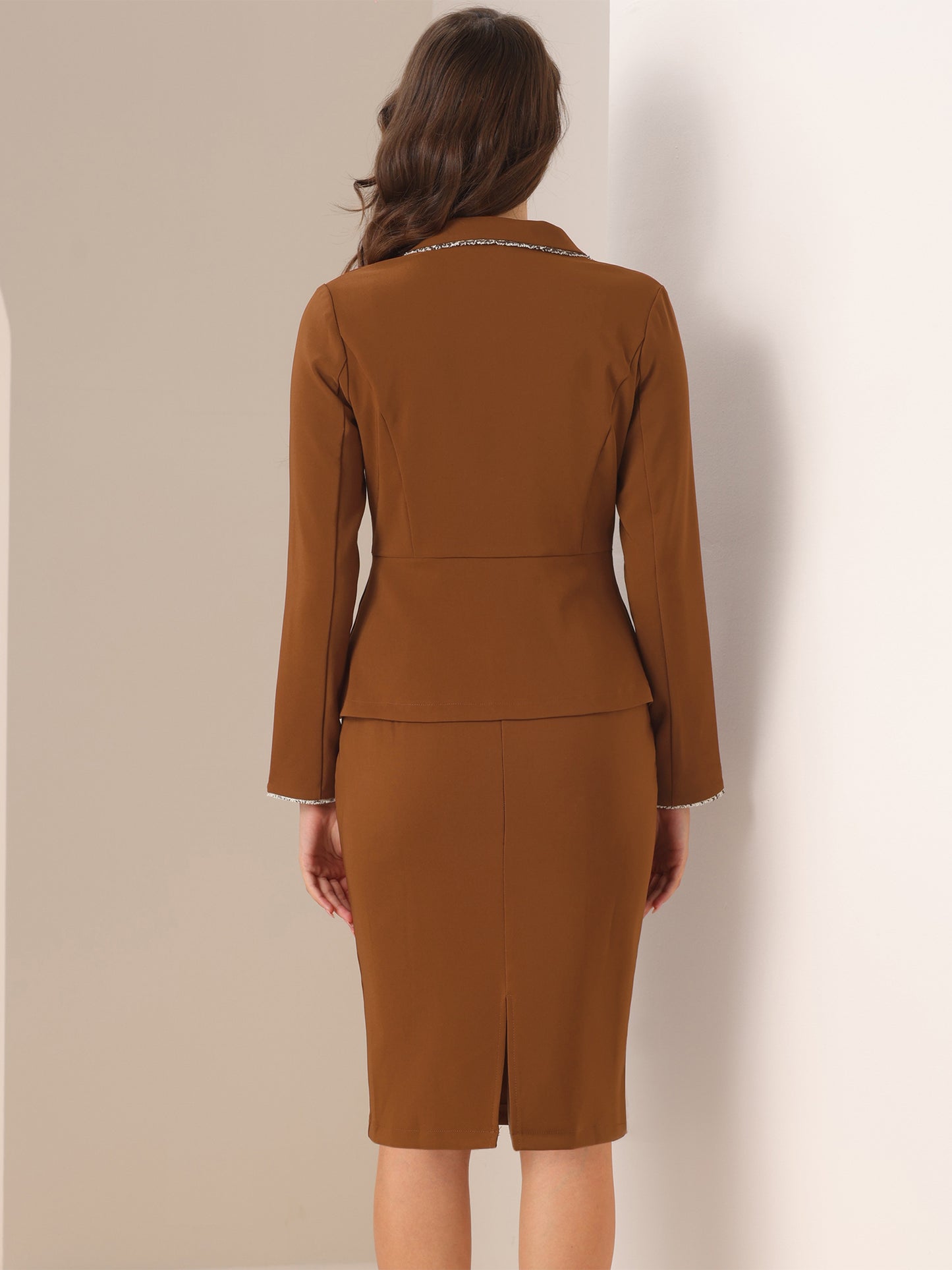 Conjunto de traje de 2 piezas para mujer, falda, blazer con ribete de tweed y falda lápiz hasta la rodilla, ropa de oficina de negocios