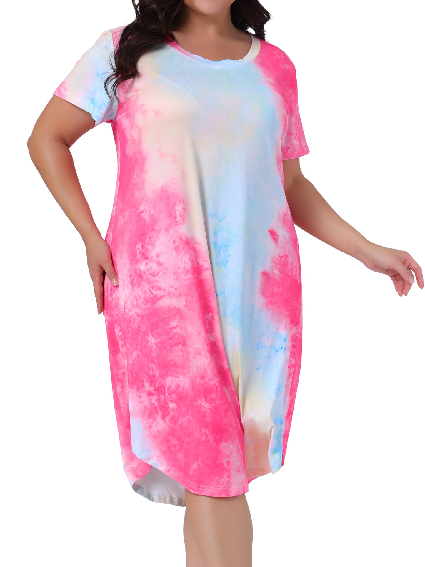 Women Plus Size Nightgowns V Neck Pajamas Sleepwear Tie Dye Short Sleeve Sleepdress