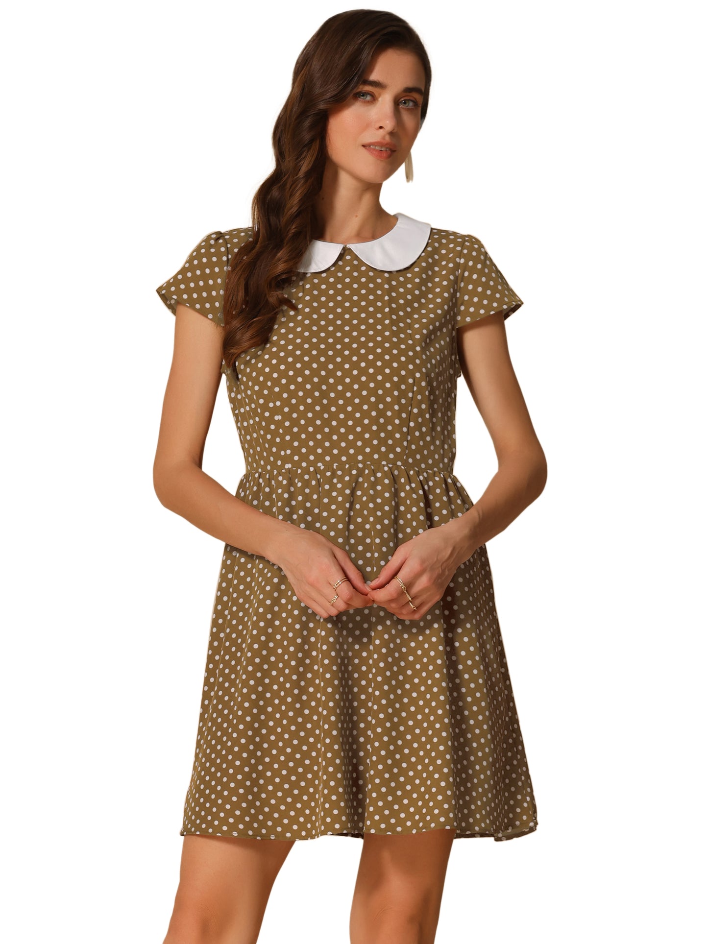 Women's Peter Pan Collar Short Sleeves Contrast A-Line Polka Dots Dress