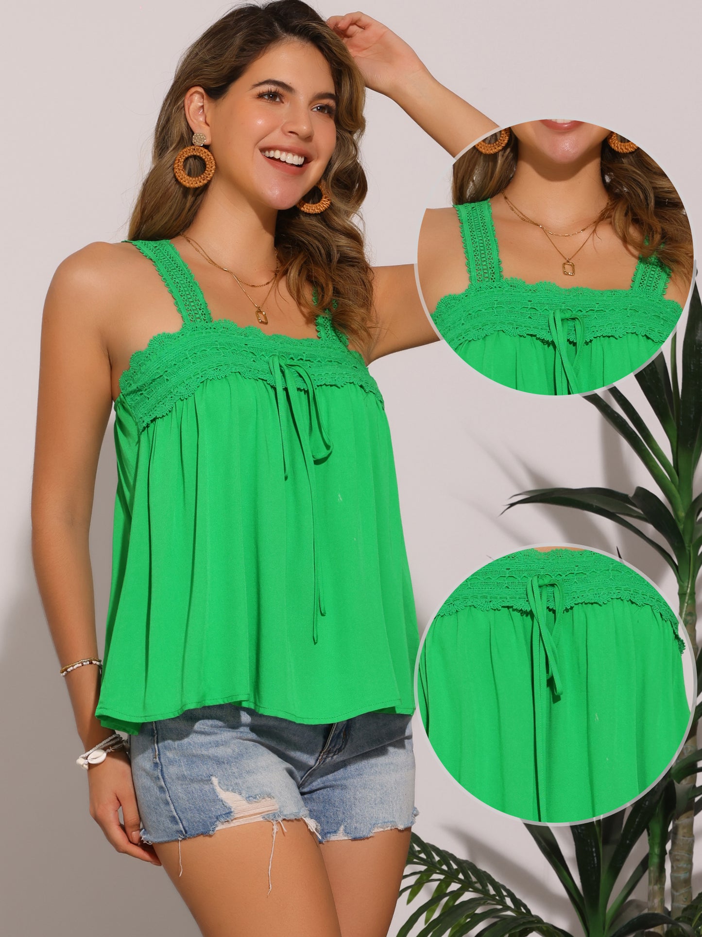 Women's Casual Sleeveless Top Square Neck Panel Lace Ruffles Tank Top