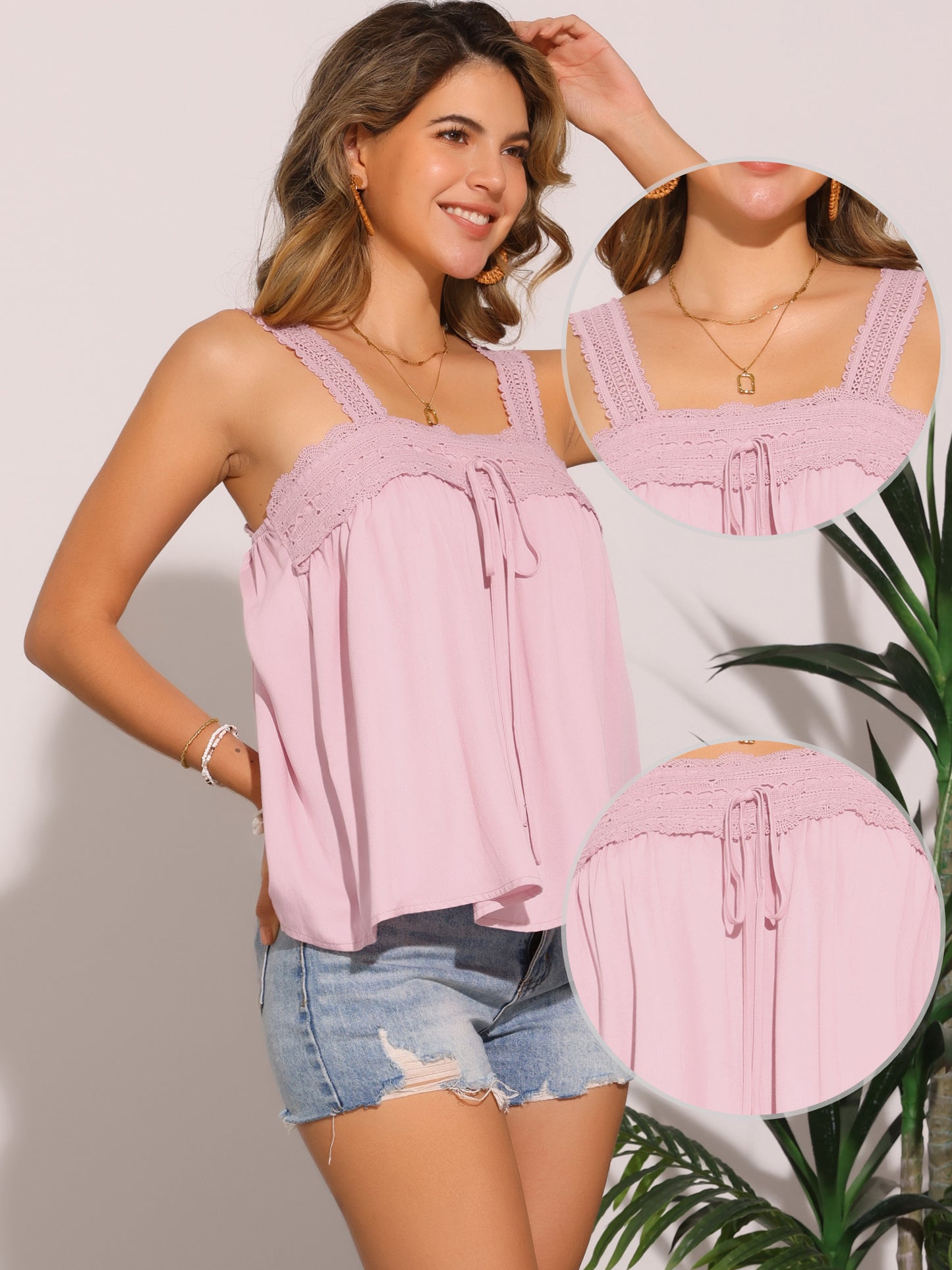 Women's Casual Sleeveless Top Square Neck Panel Lace Ruffles Tank Top