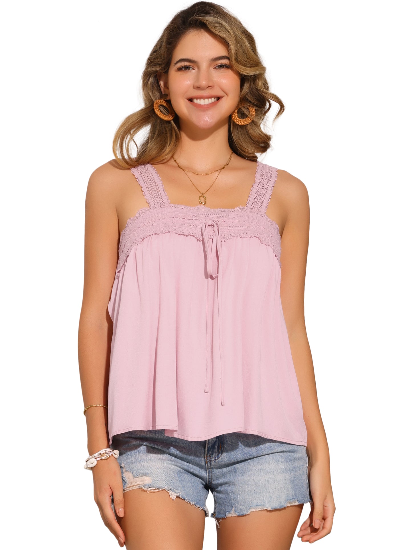 Women's Casual Sleeveless Top Square Neck Panel Lace Ruffles Tank Top