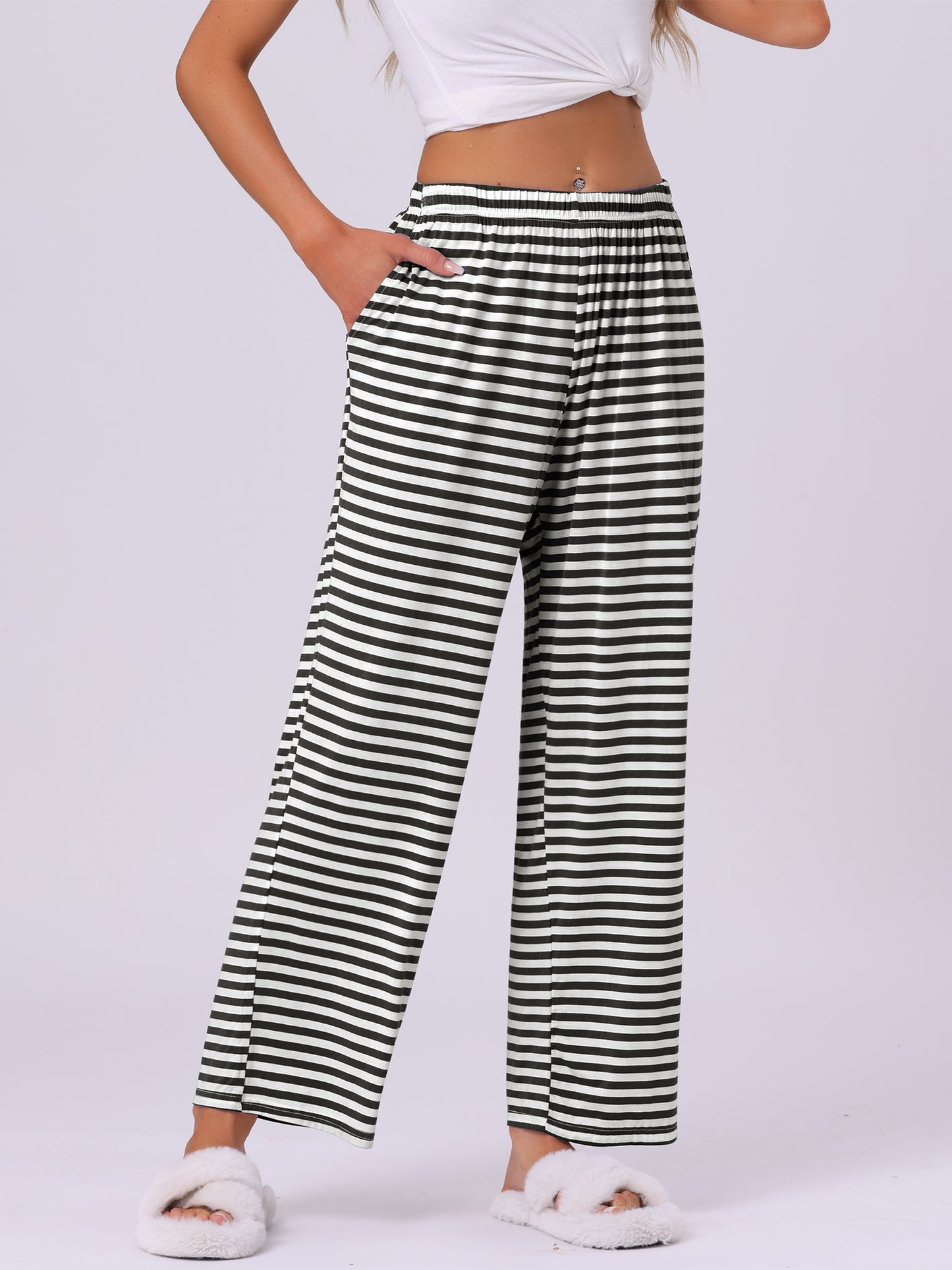 Pantalones de dormir de algodón para mujer, cintura elástica, pierna ancha, rectos, con bolsillos