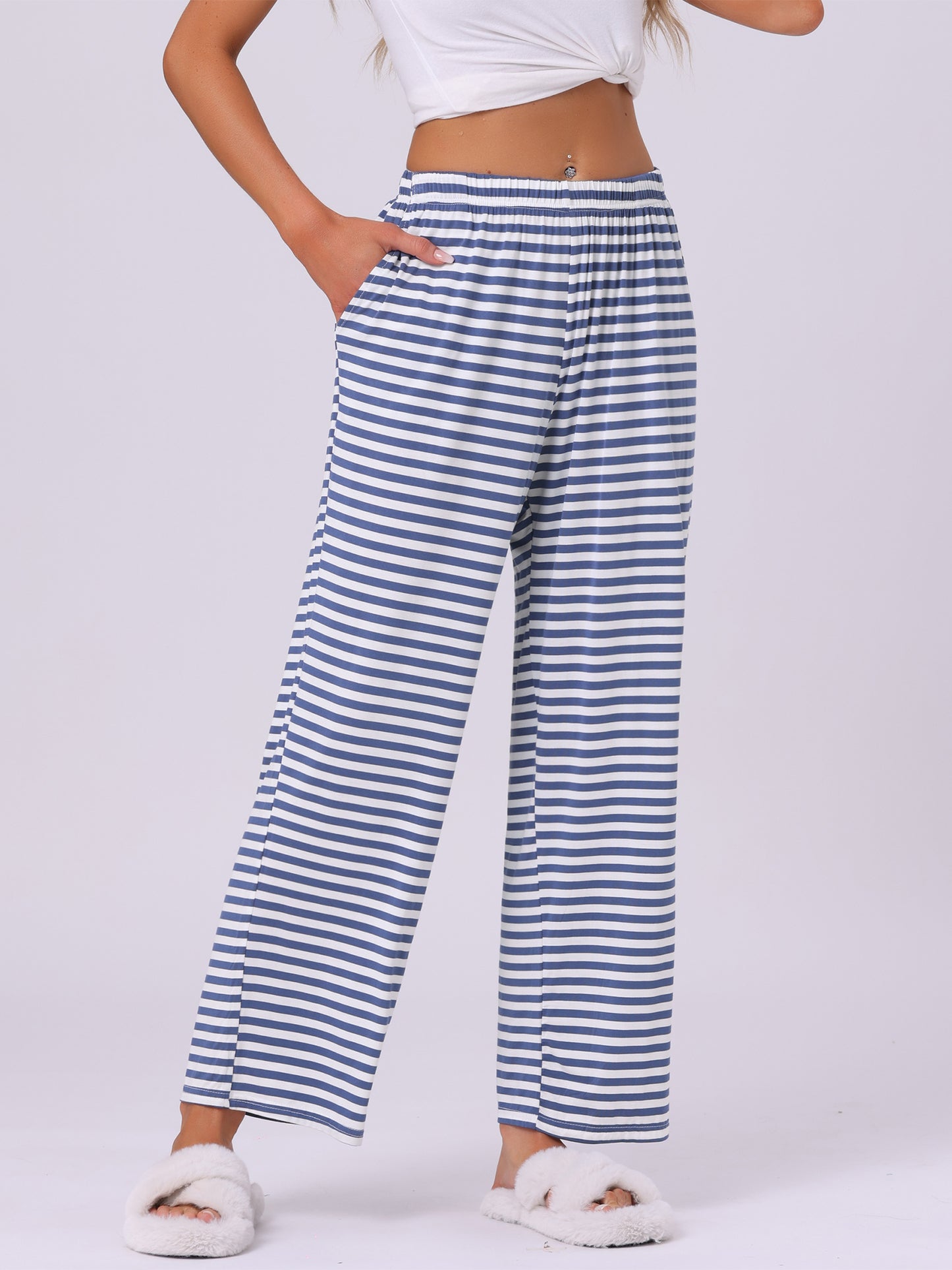 Pantalon de nuit en coton pour femme, taille élastique, jambes larges, droit, vêtements de nuit avec poches