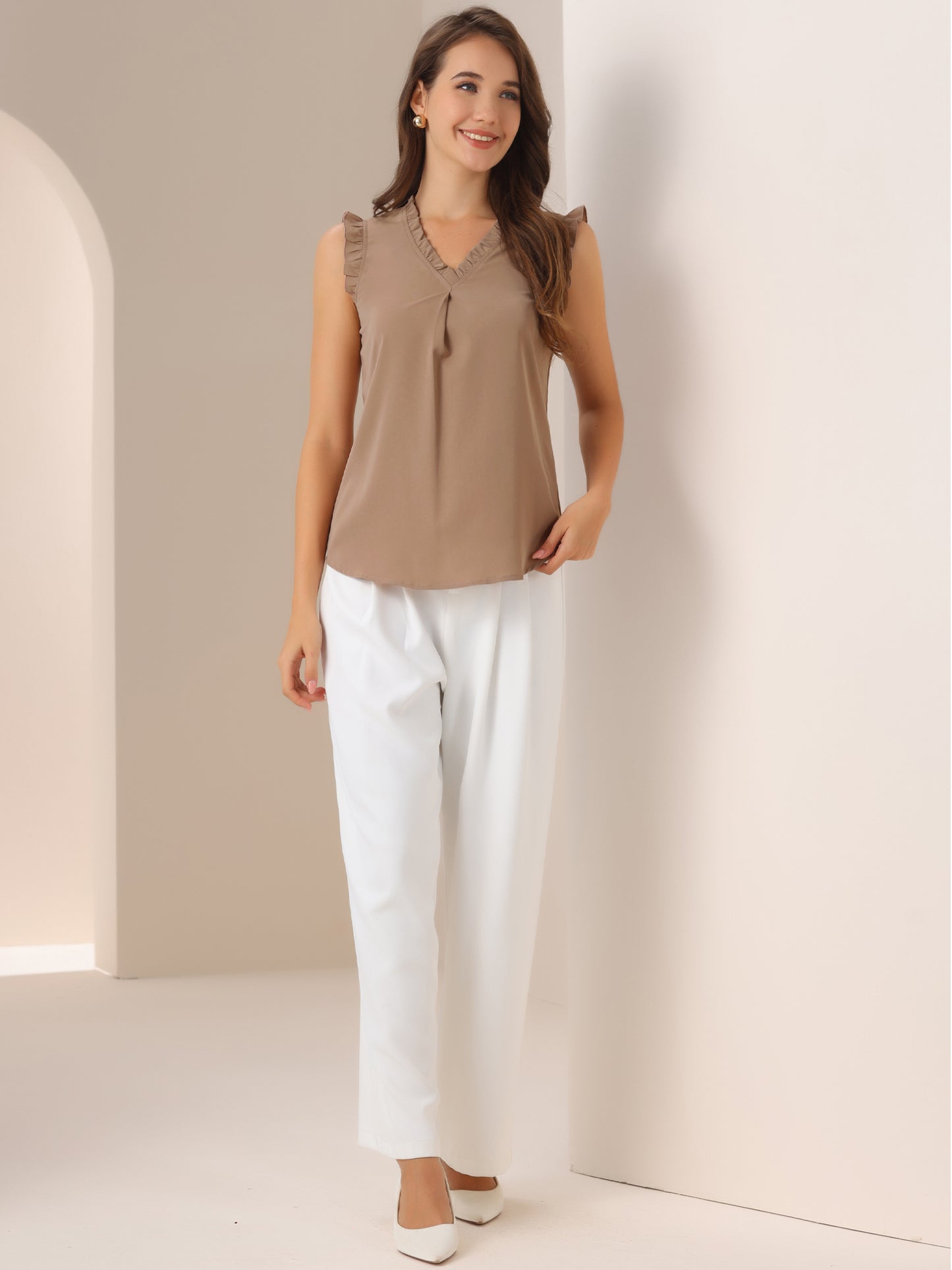 Women's Ruffled Sleeveless Blouse Work Business Top