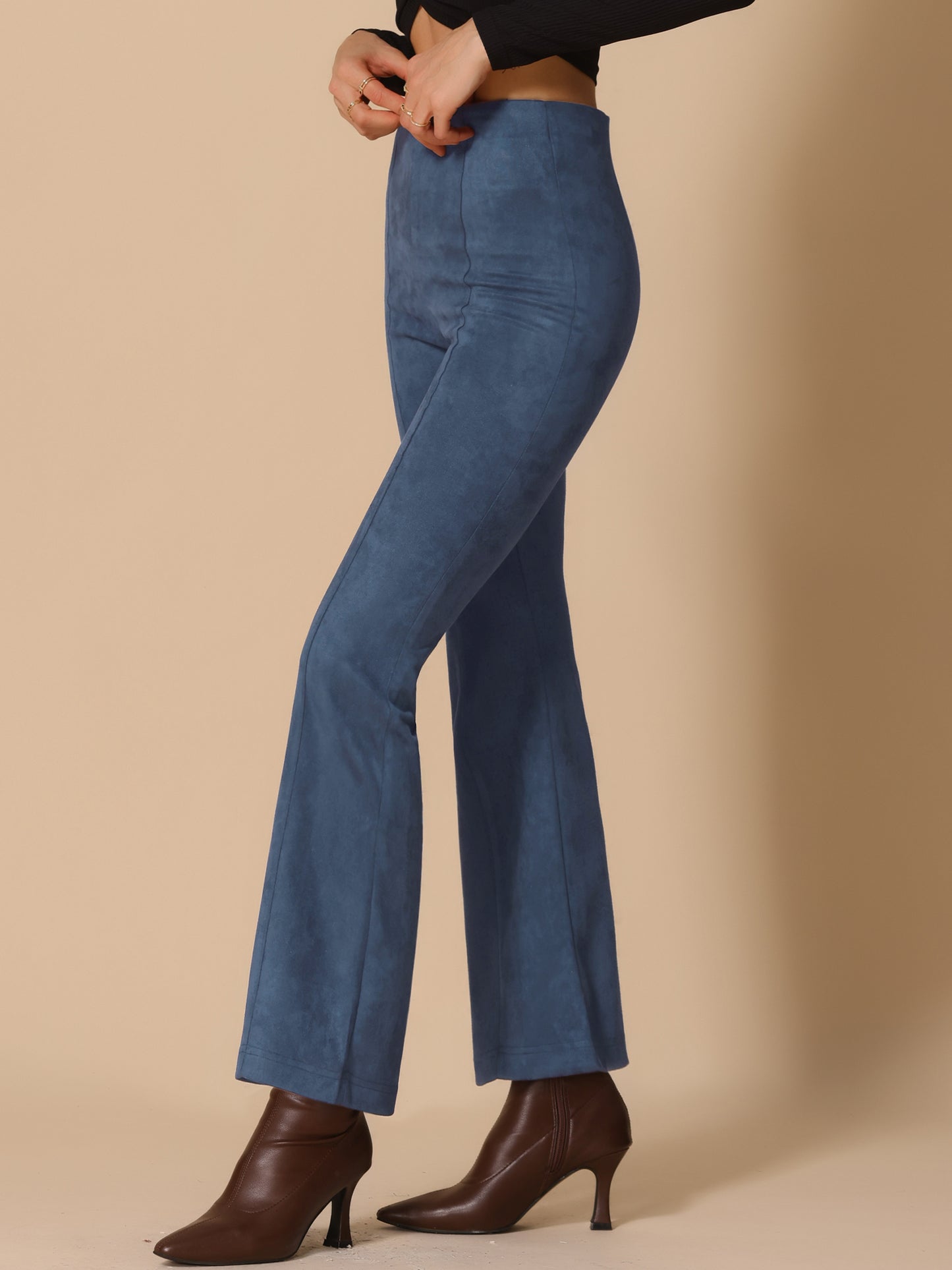 Women's Faux Suede Pants Business Casual Wide Legs Bell Bottom Flared Trousers