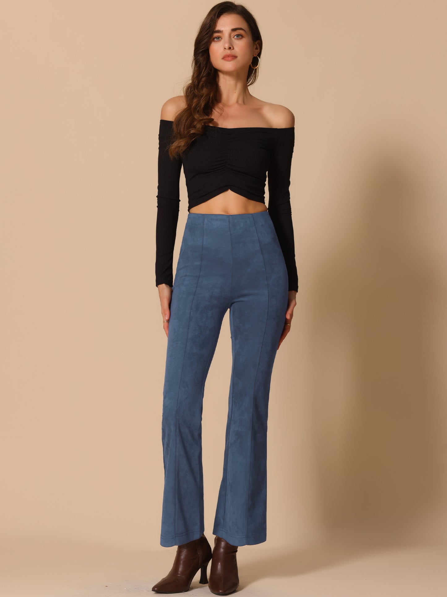 Women's Faux Suede Pants Business Casual Wide Legs Bell Bottom Flared Trousers
