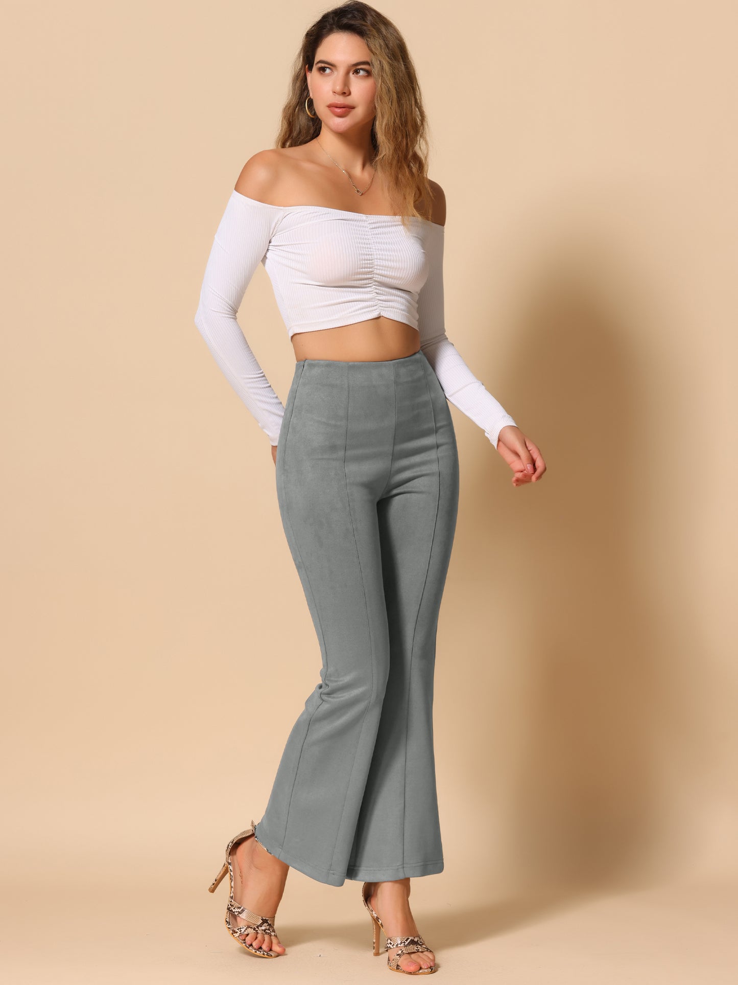 Women's Faux Suede Pants Business Casual Wide Legs Bell Bottom Flared Trousers