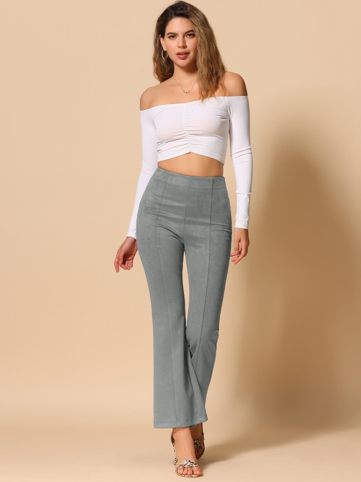Women's Faux Suede Pants Business Casual Wide Legs Bell Bottom Flared Trousers