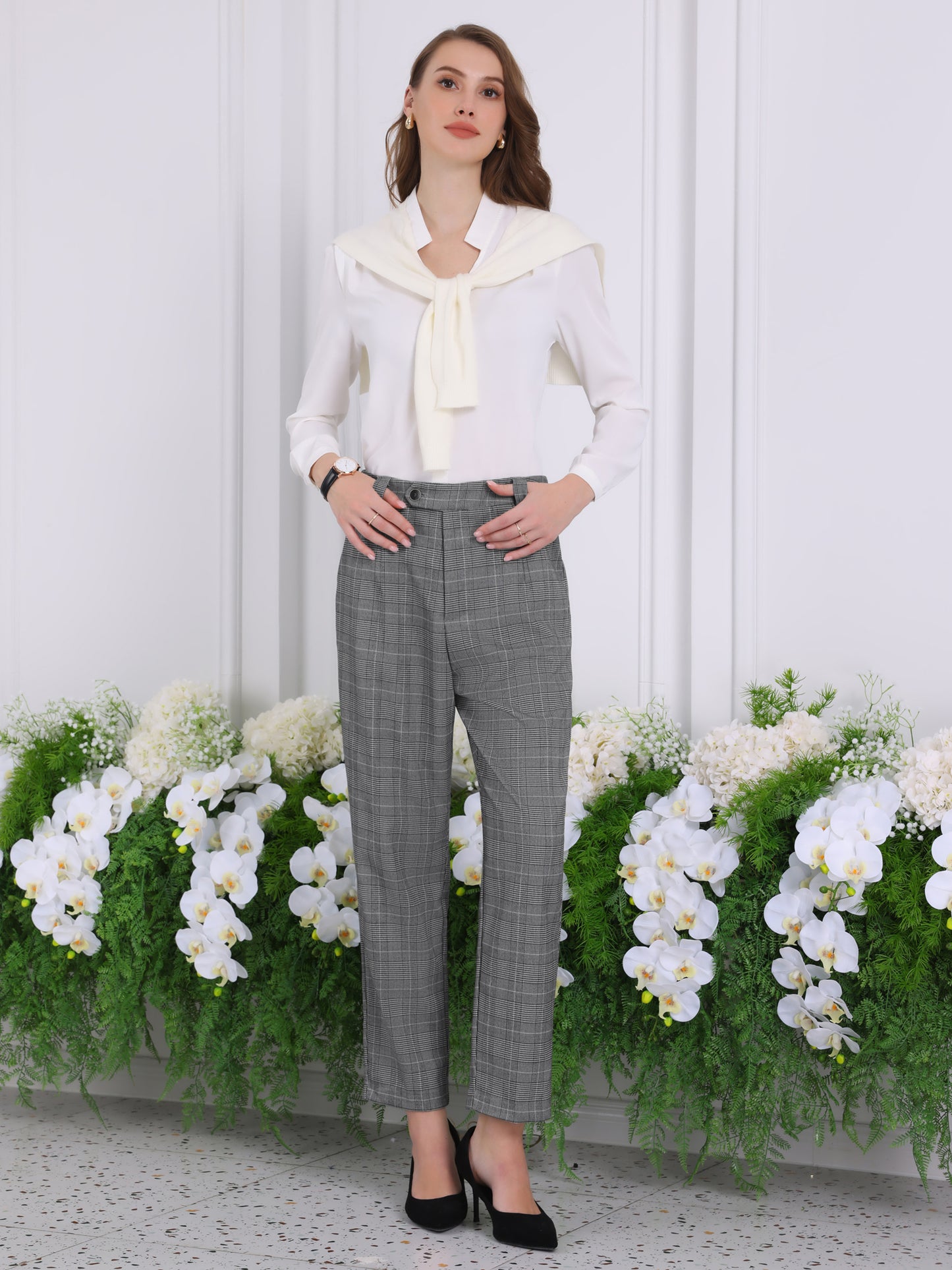 Women's Plaid Work Pant Vintage Houndstooth Tartan Straight Long Trousers