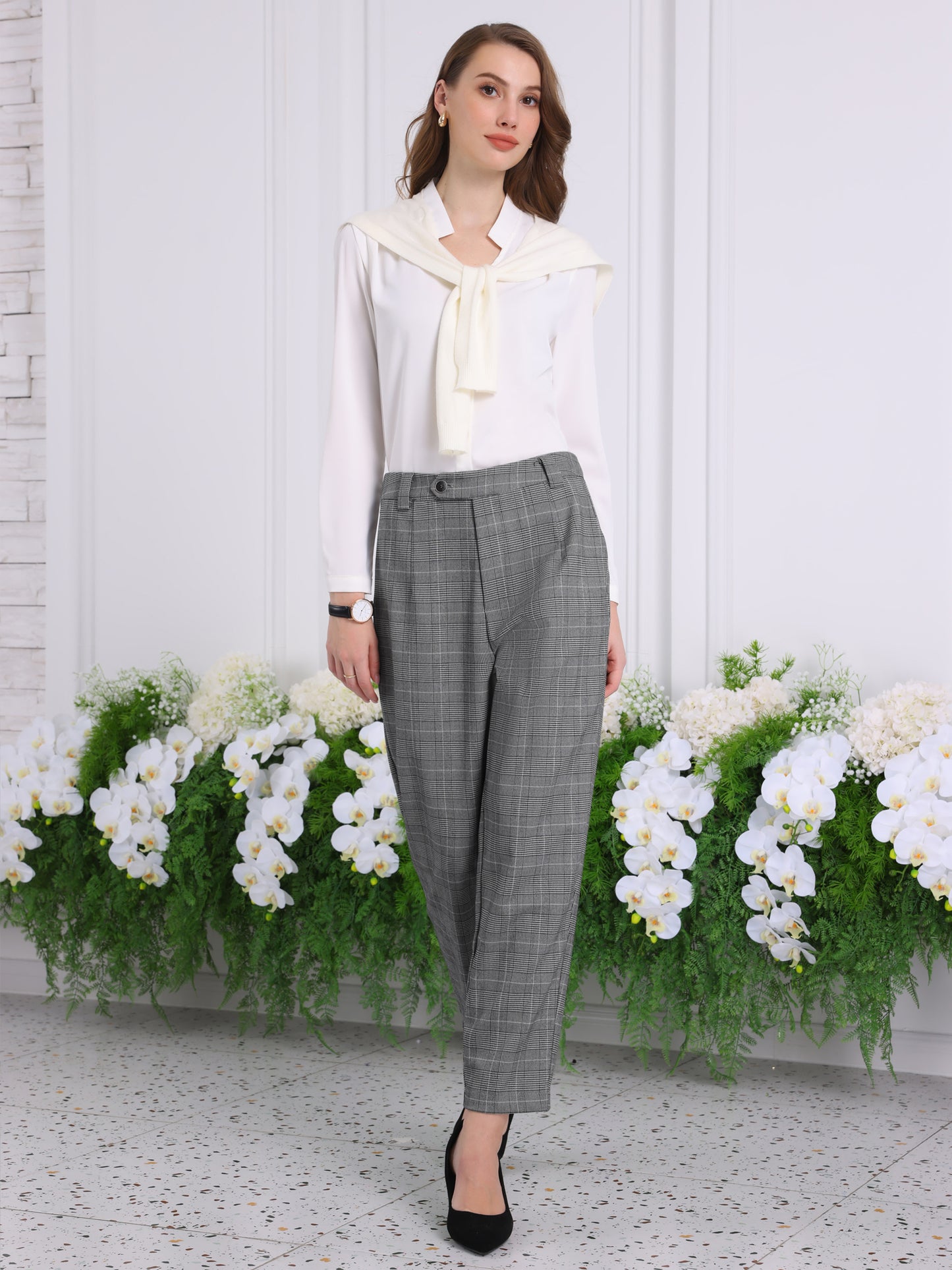Women's Plaid Work Pant Vintage Houndstooth Tartan Straight Long Trousers