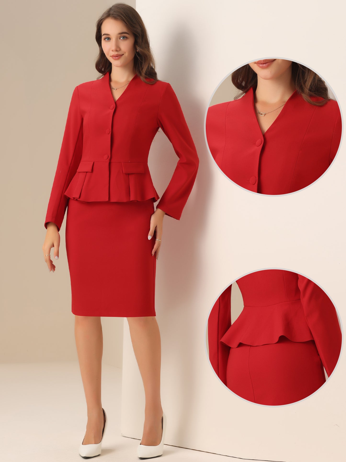 Women's Business 2 Piece Suit Set Long Sleeve Collarless Peplum Blazer Pencil Skirt