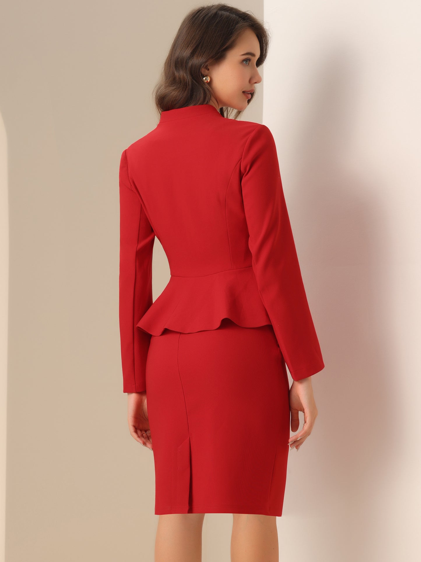Women's Business 2 Piece Suit Set Long Sleeve Collarless Peplum Blazer Pencil Skirt