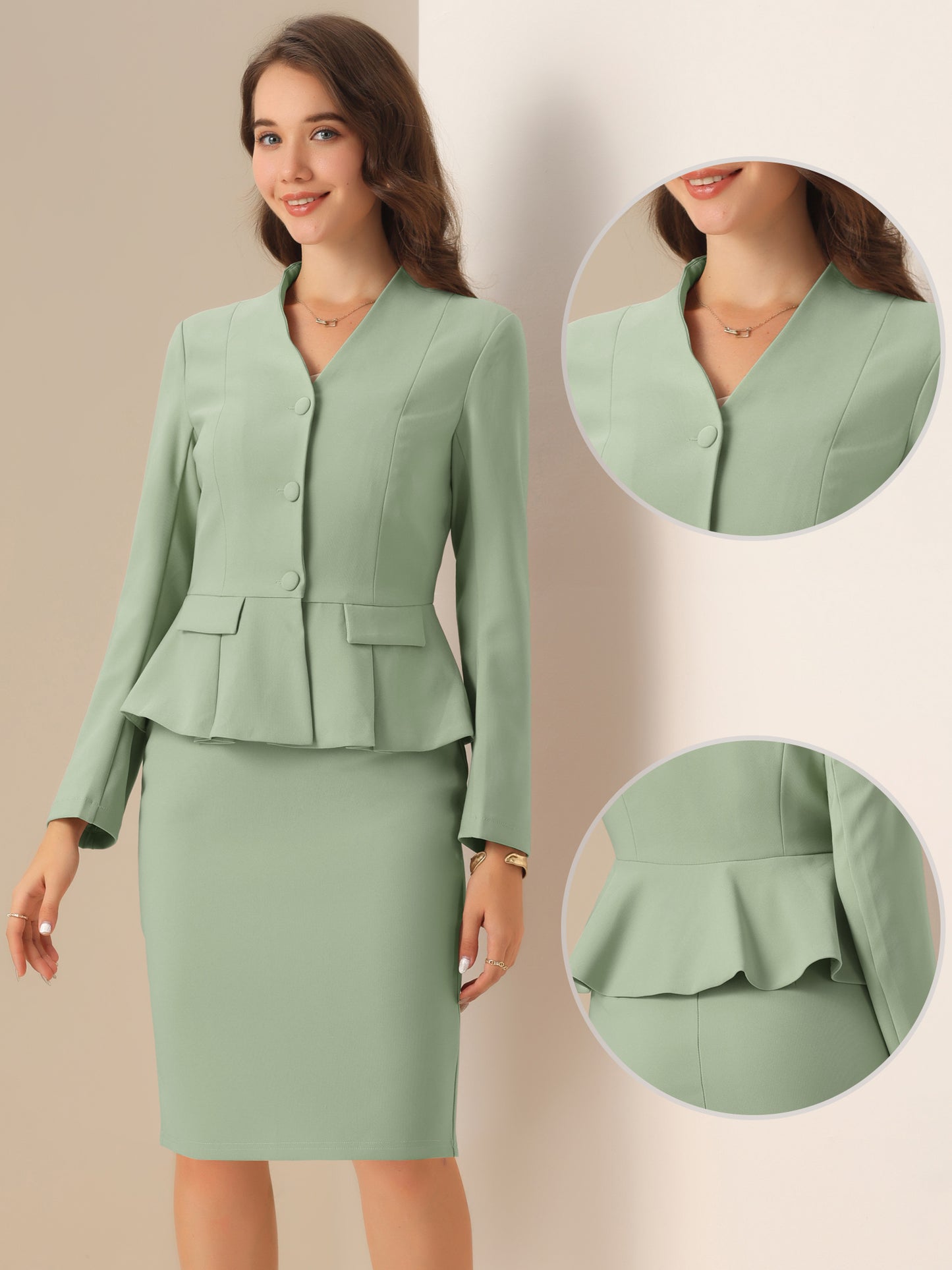 Women's Business 2 Piece Suit Set Long Sleeve Collarless Peplum Blazer Pencil Skirt