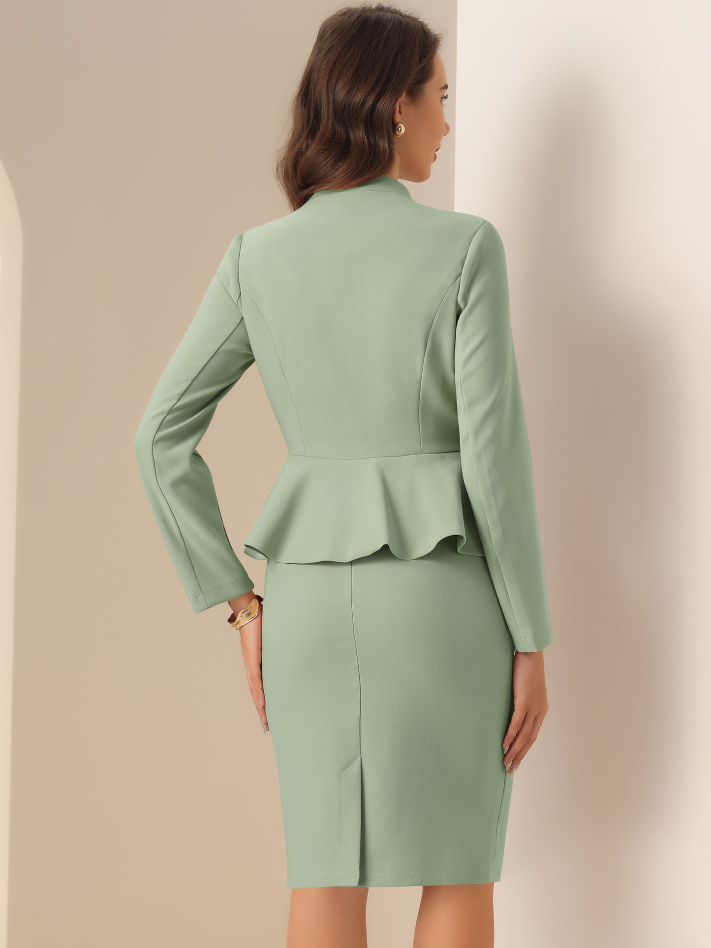 Women's Business 2 Piece Suit Set Long Sleeve Collarless Peplum Blazer Pencil Skirt