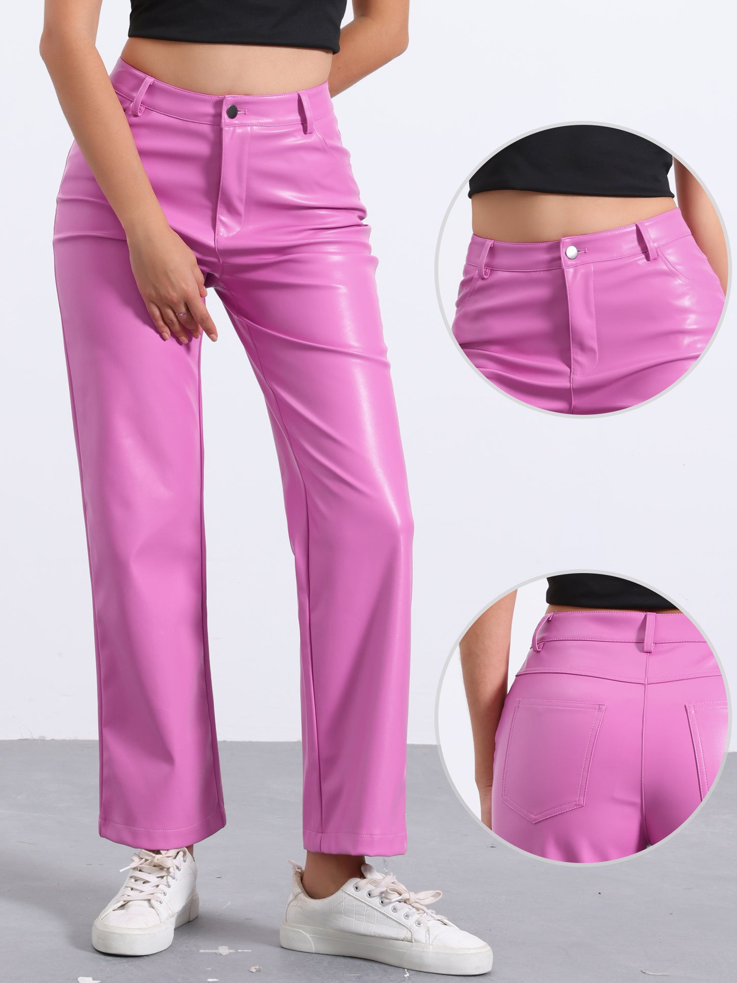 Women's High Waist Straight Leg Punk PU Trousers Faux Leather Pants