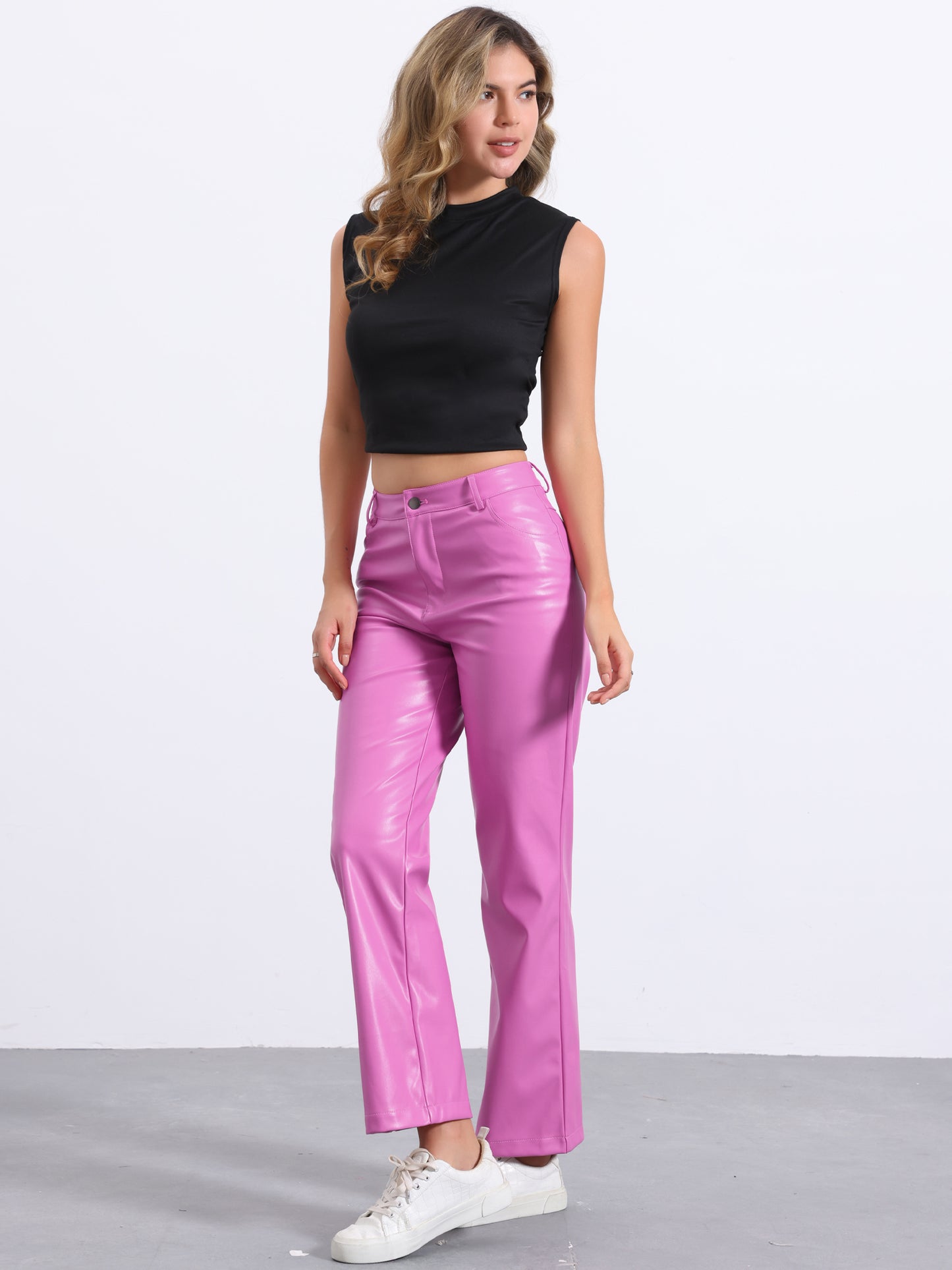 Women's High Waist Straight Leg Punk PU Trousers Faux Leather Pants