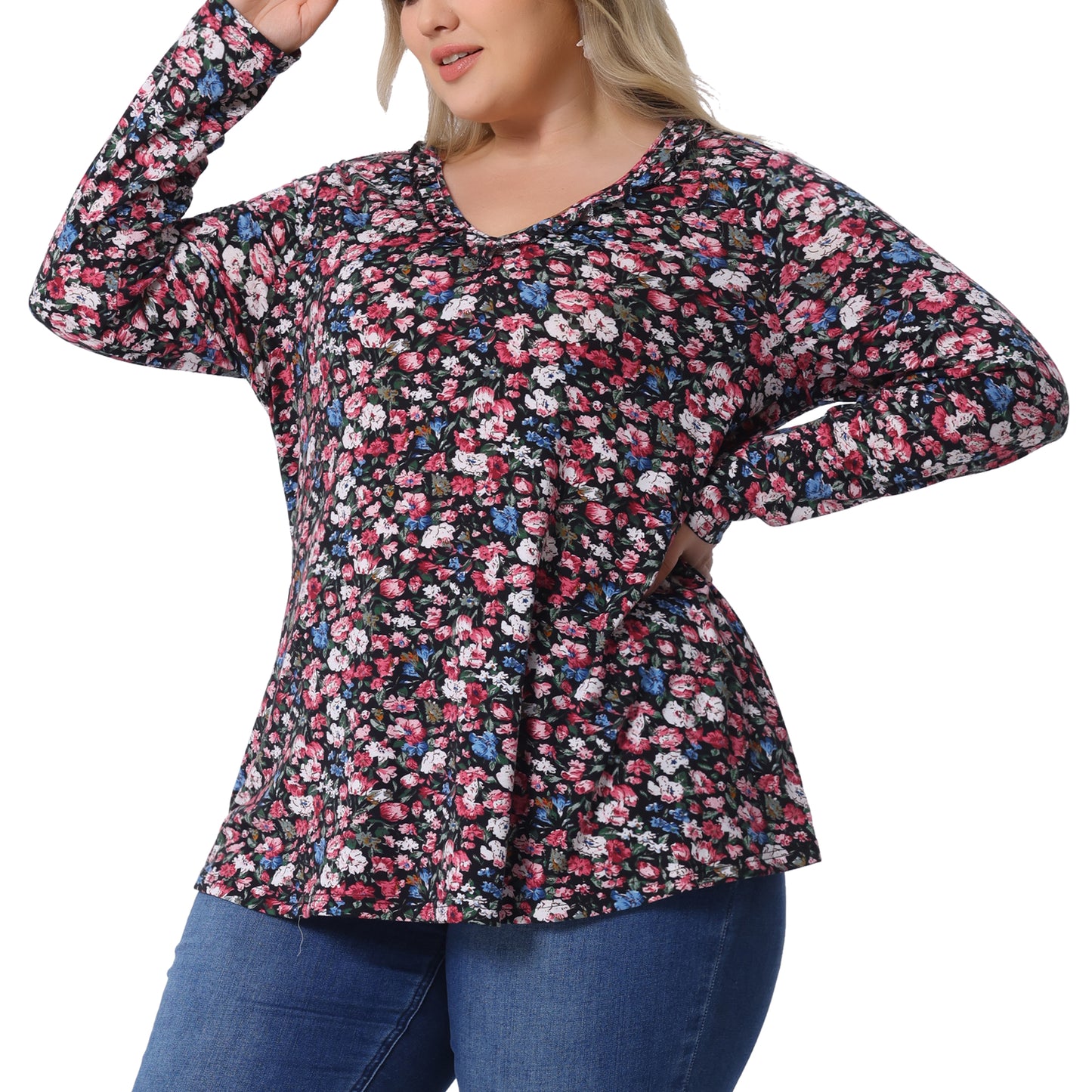 Women Plus Size Floral Tops V Neck Long Sleeve Ruffle Tunic Blouse