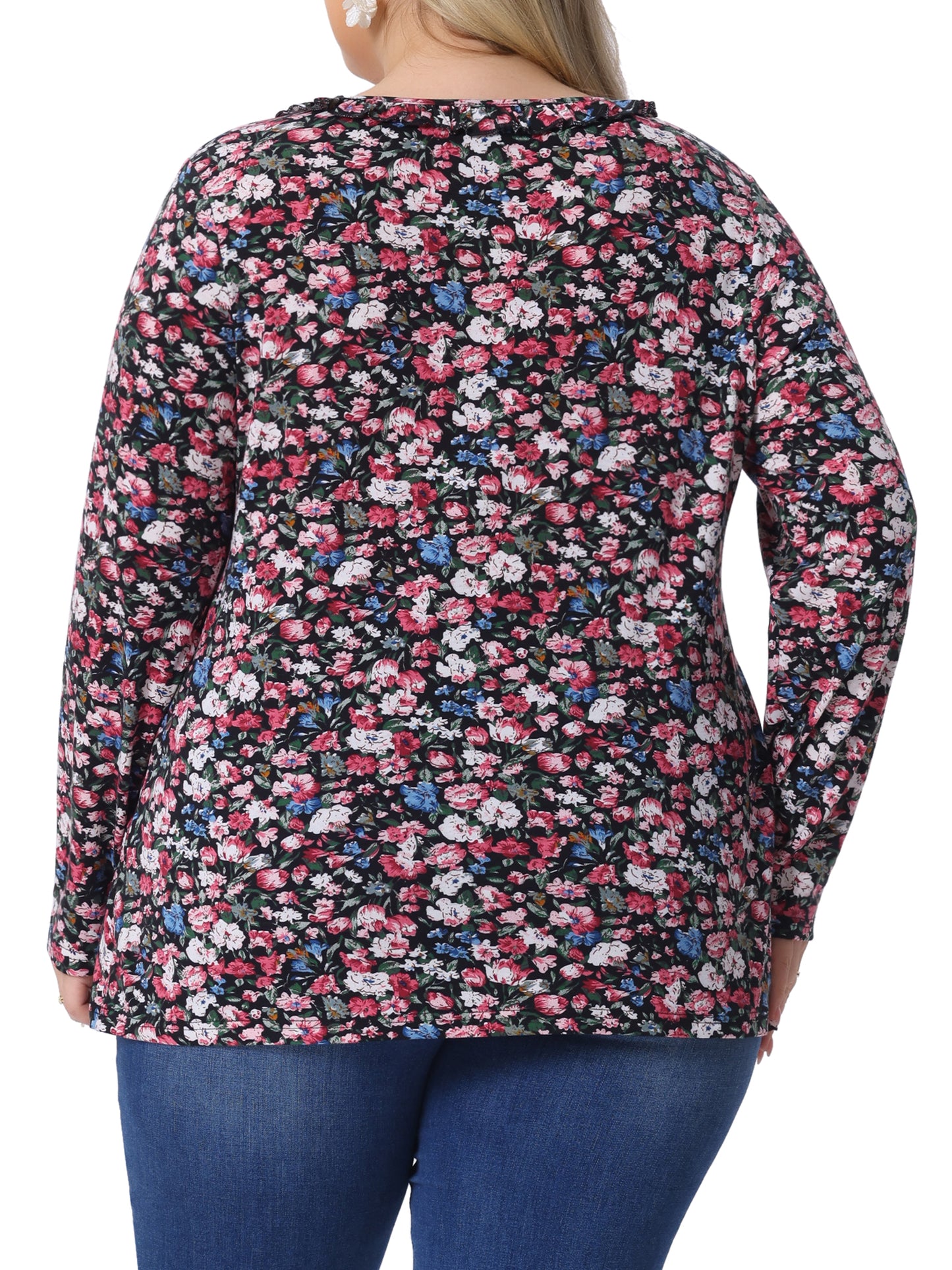 Women Plus Size Floral Tops V Neck Long Sleeve Ruffle Tunic Blouse