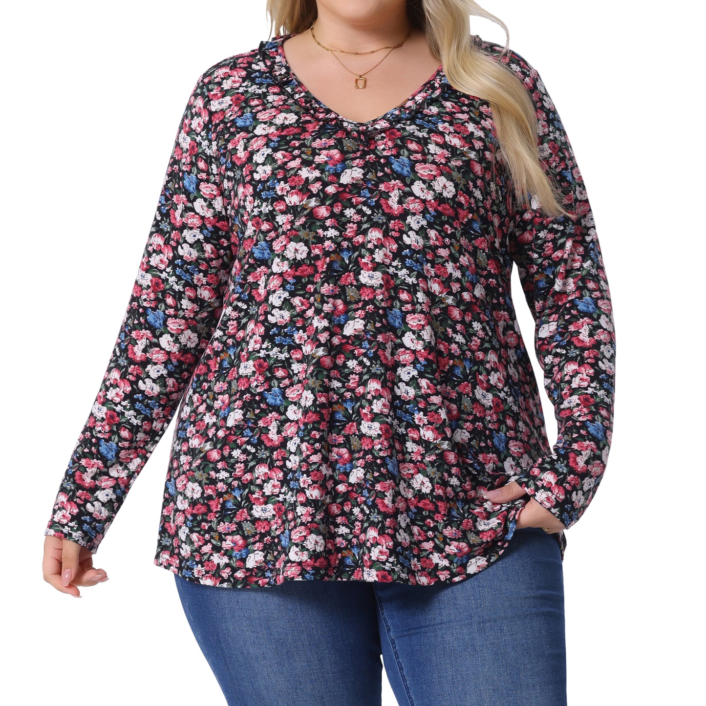 Women Plus Size Floral Tops V Neck Long Sleeve Ruffle Tunic Blouse