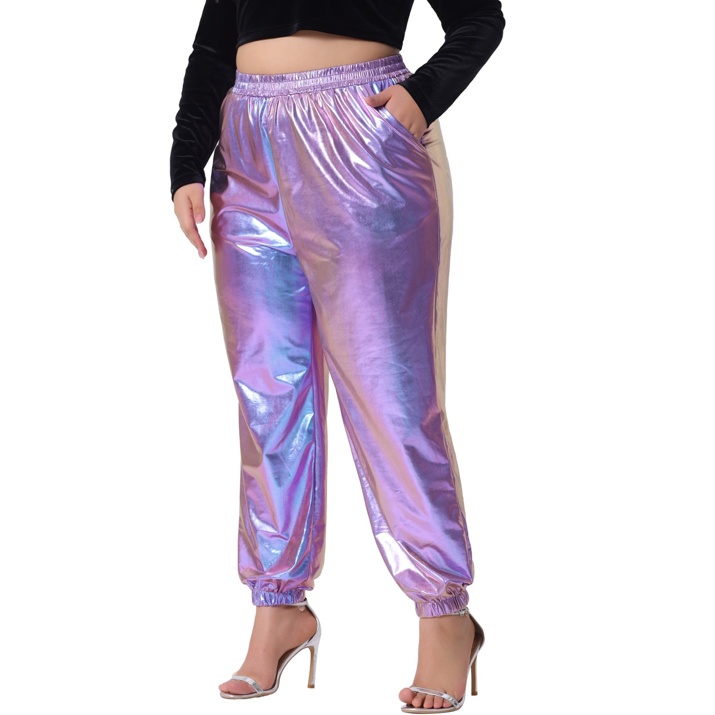 Women Plus Size Jogger Pants Metallic Shiny High Waist Stretchy Wear Holographic Trousers Sweatpant