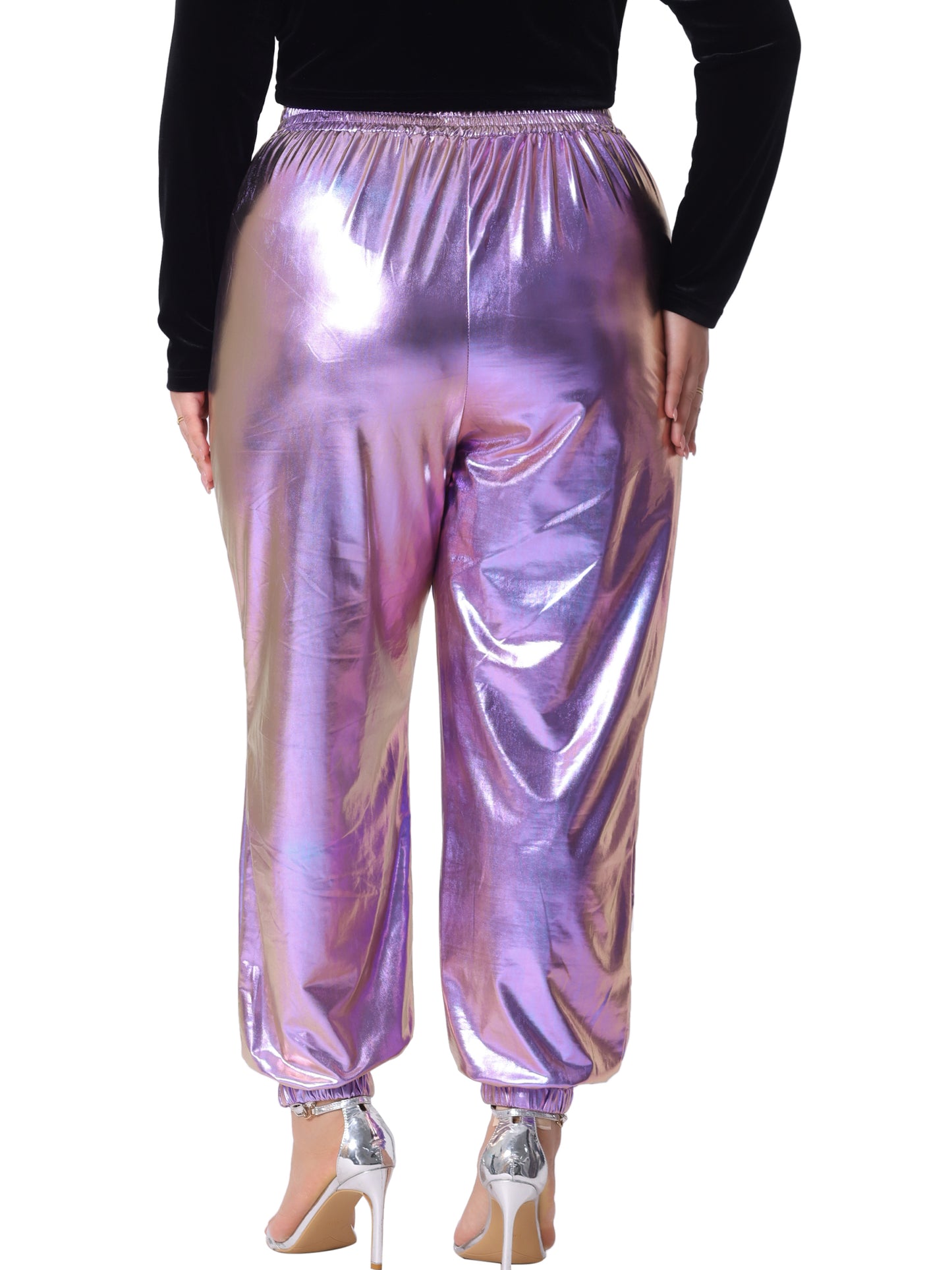 Women Plus Size Jogger Pants Metallic Shiny High Waist Stretchy Wear Holographic Trousers Sweatpant
